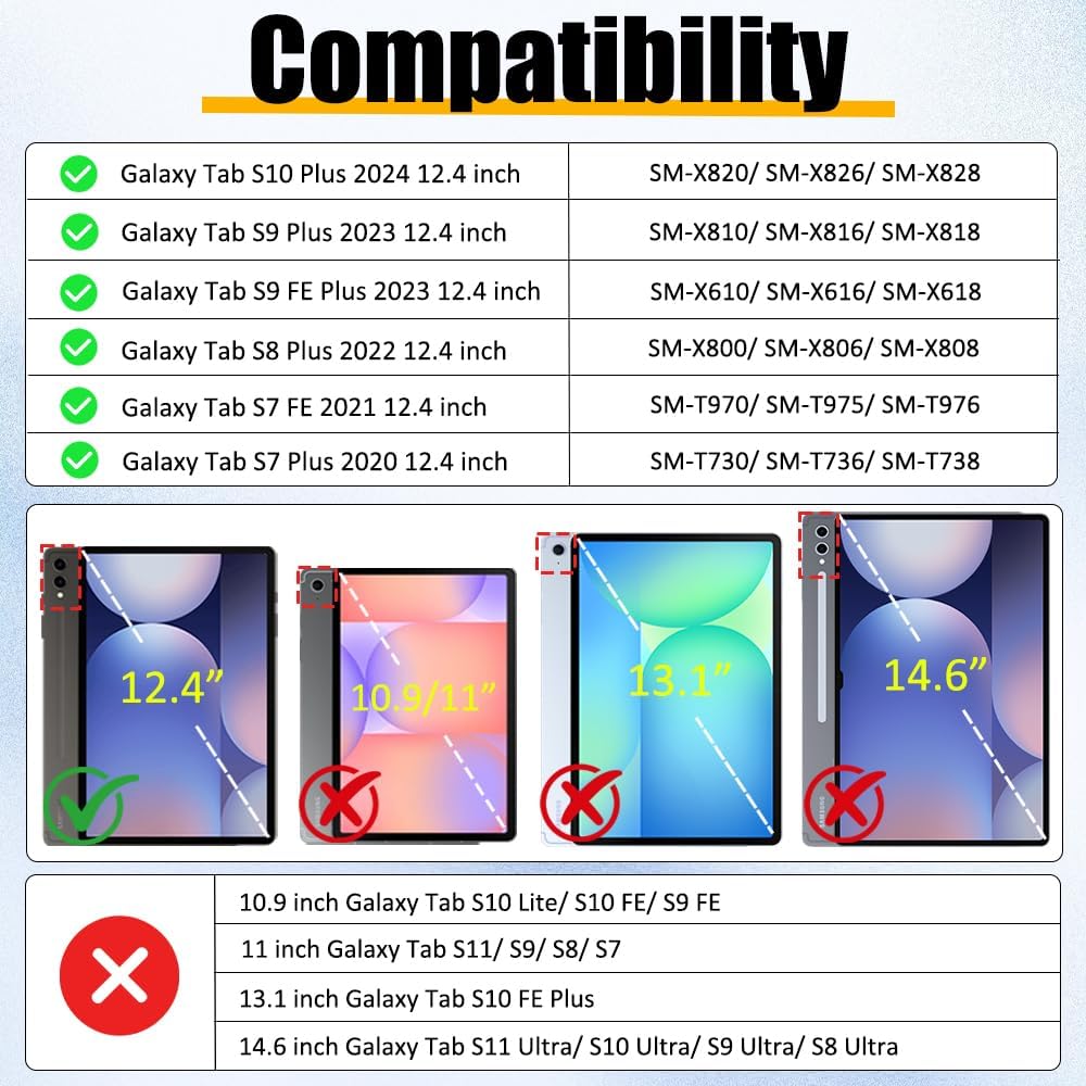 BRAECNstock for Samsung Galaxy Tab S10+ Plus/ S9 FE+ Plus/ S9+ Plus/ S8+ Plus/ S7 FE/ S7+ Plus 5G Tablet Case 12.4 inch Shockproof Protective Kids Cover with Pen Holder Rotating Stand+Hand Strap - Red