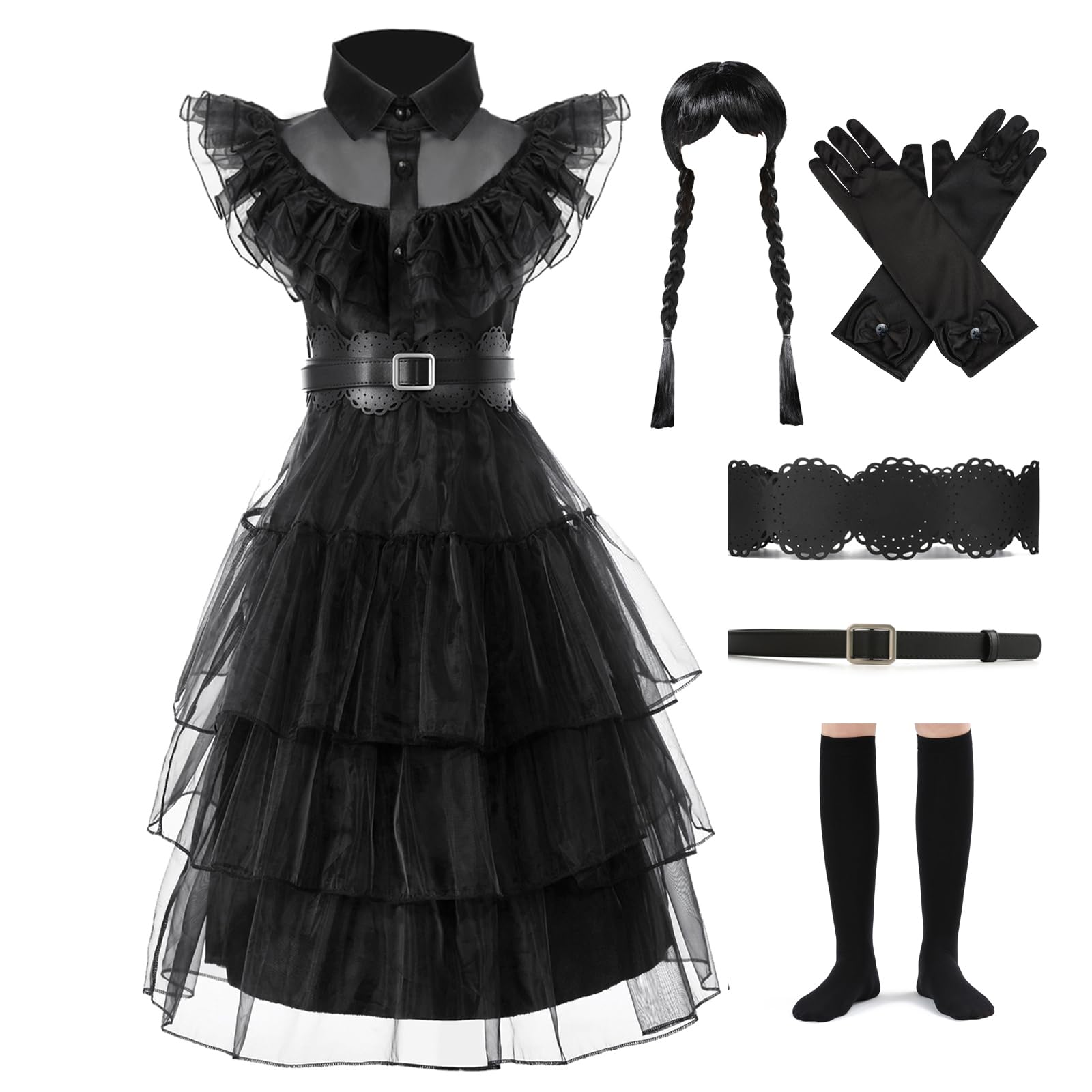 Moiegouct Girls Black Princess Costume Dress Up Costume Halloween Cosplay Party Outfit for Girls with Wig Belts Socks Golves Size 13-14