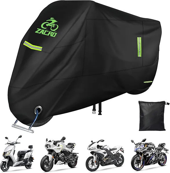 Zacro 420D Motorcycle Cover - Waterproof Outdoor Protection for All Seasons, Tear Proof with Reflective Strips & Lock Hole | Fits Moped Cover and Motorcycles Up to 96""
