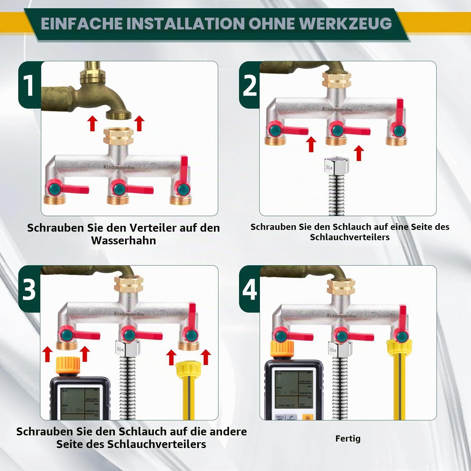 Wasserverteiler 5fach, Schwere Vernickelt Messing gartenschlauch verteiler, 5 Wege verteiler Wasser mit 5 Verlängerungsgriffen, Der verbesserte sechseckige Wassereinlass ist langlebiger