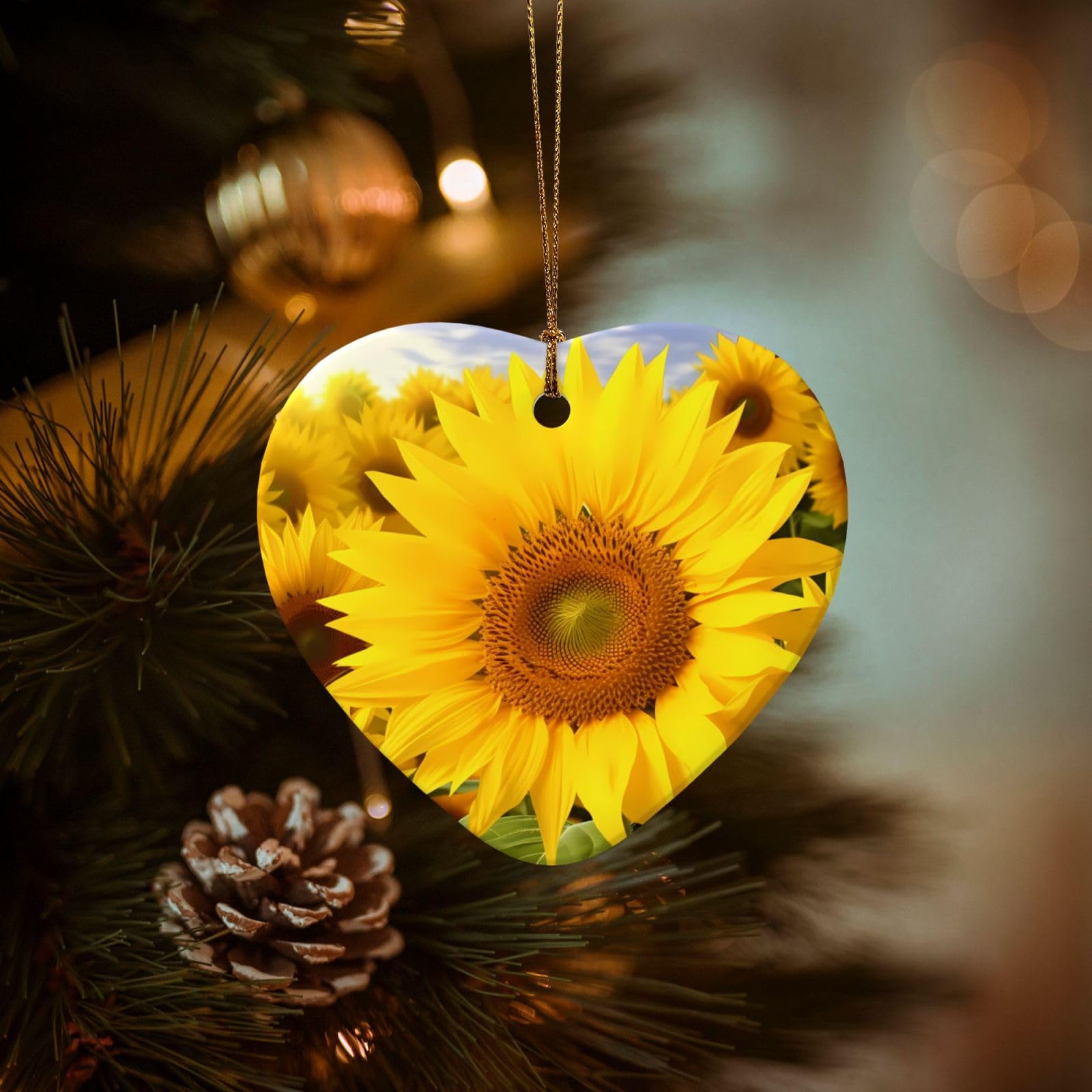 Christmas Ornaments for Christmas Tree Decoration Hanging Sunflowers Ornament with Gold Ribbon Crafts Heart Shape Ceramic Pendant for Keepsake Gifts Xmas Decor Party Supplies