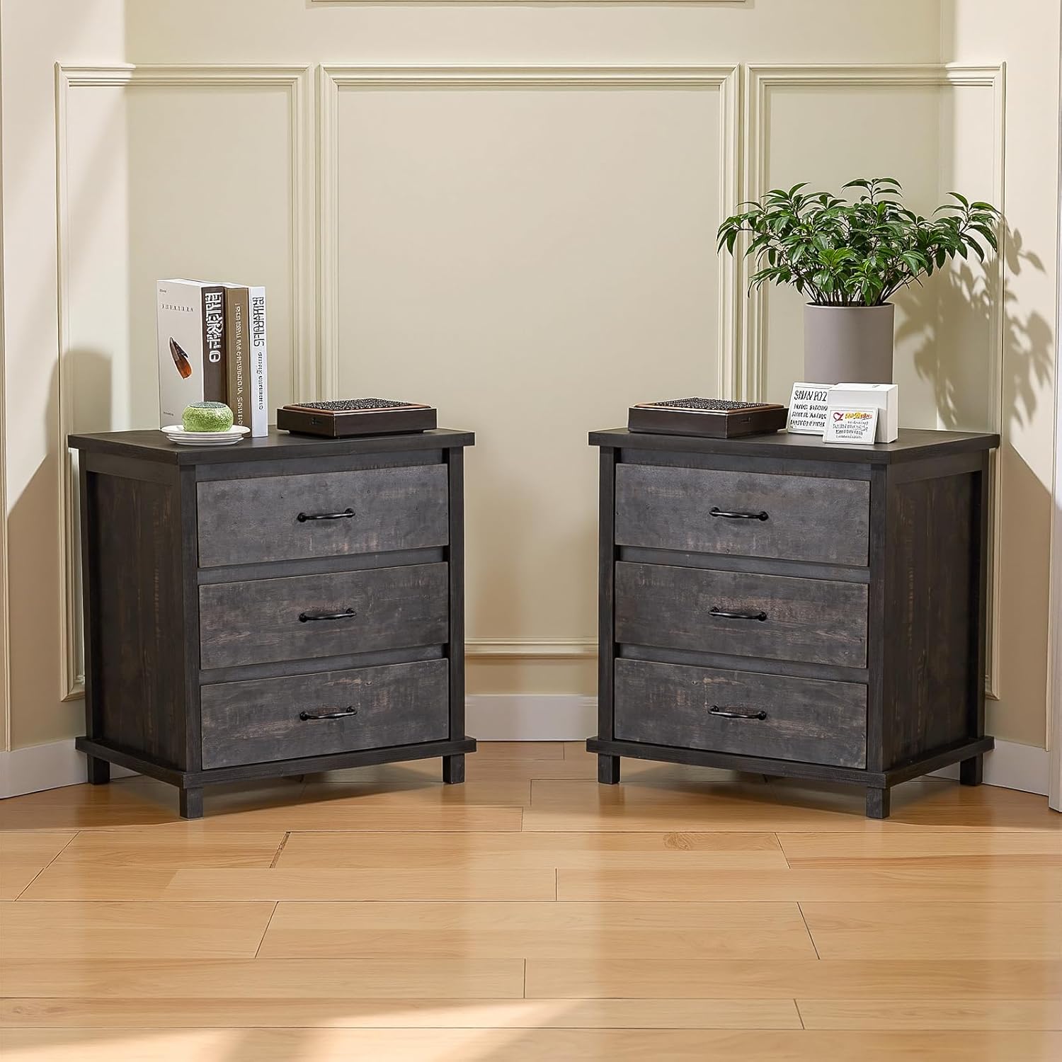 Black Nightstand Set of 2, High Dresser for Bedroom with 3 Drawers, Bedside Table Night Stand End Table with Natural Unique Wood Grains for Bedroom, Closet, Entryway, Small Space