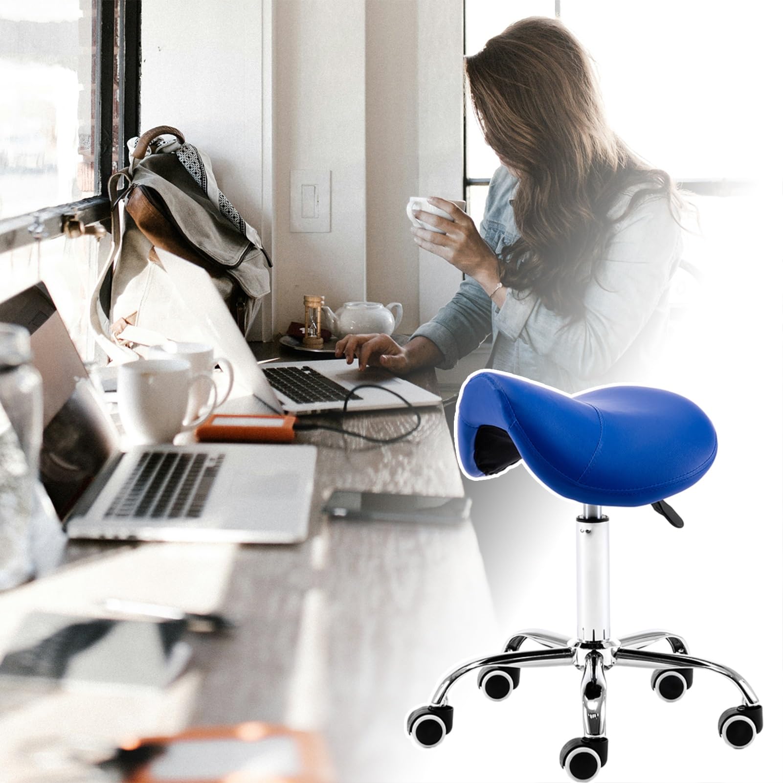Tabouret de selle ergonomique bleu chaise chic de salon à roulettes