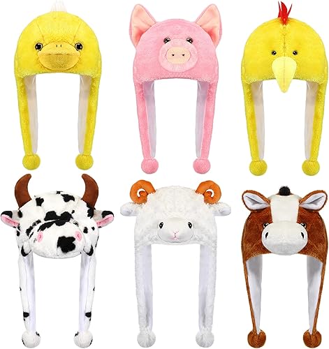 Newcotte Juego de sombreros de animales, 6 sombreros de disfraz para niños, incluyendo caballo, oveja, cerdo, gallo, pato, conejo, sombreros
