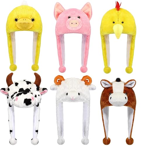 Newcotte 6 Pcs Kids Costume Hats Animal Hats Set Plush Fun Animal Headgear for Adults Teens Theme Party Christmas Halloween - Farm Animal
