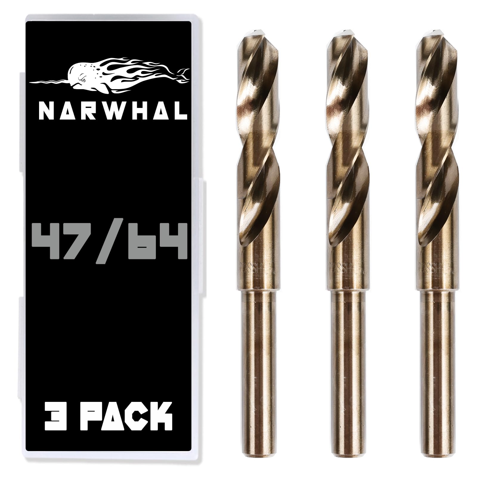 47/64 Cobalt Drill Bits - 3 Pack - 6 Inch Length - M35 Cobalt Drill Bits with Storage Case - Perfect Drill Bits for Metal, Hardened & Stainless Steel,