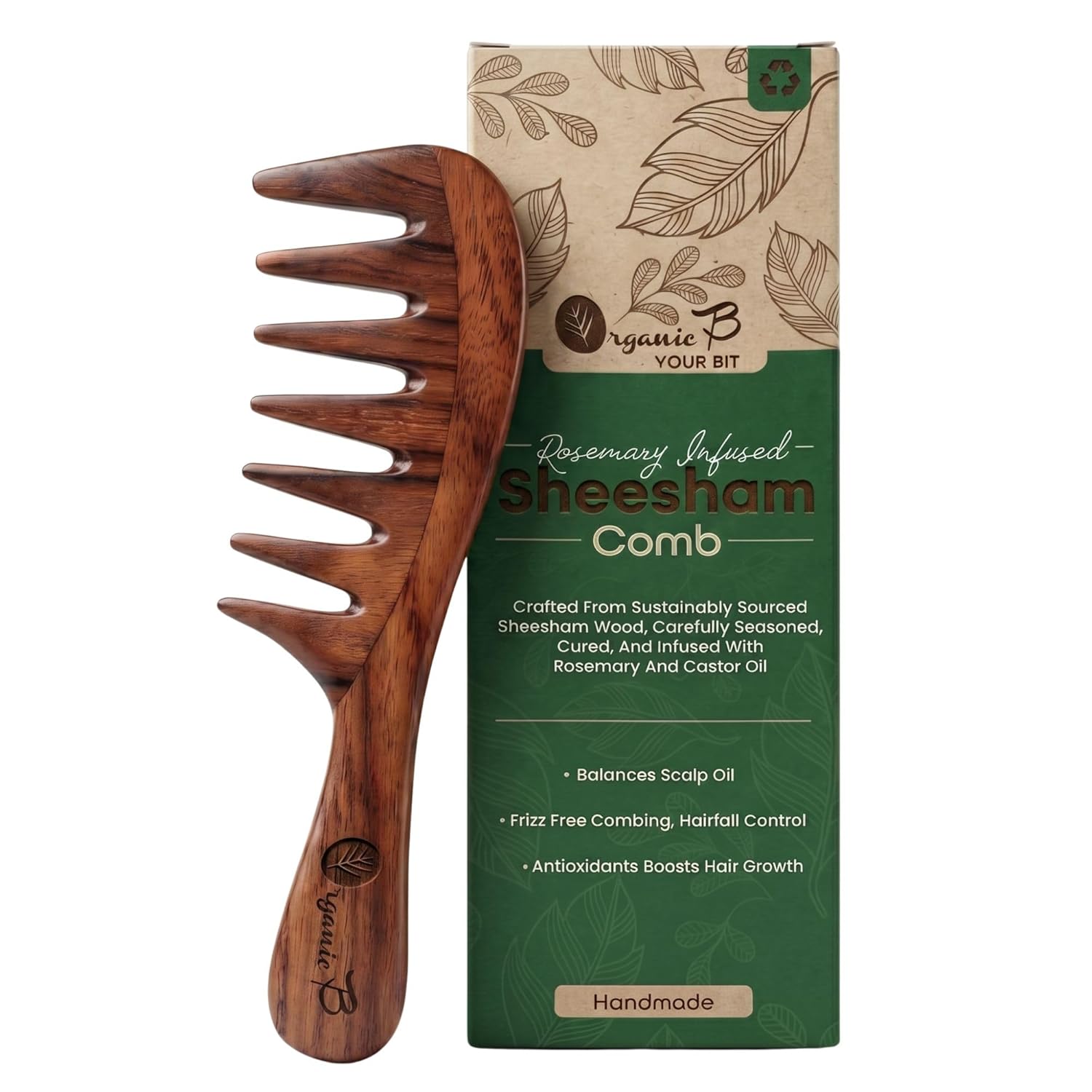 Indian Rosewood Curve Handle Extra Wide Tooth Comb |Rosemary Infused