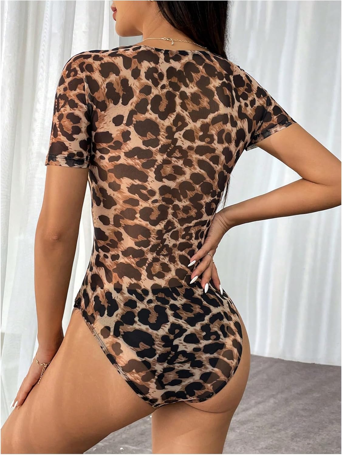 SweatyRocks Women's Leopard Print Mesh Corset Bodysuit Sheer Short Sleeve Going Out Leotard Tops - Image 2