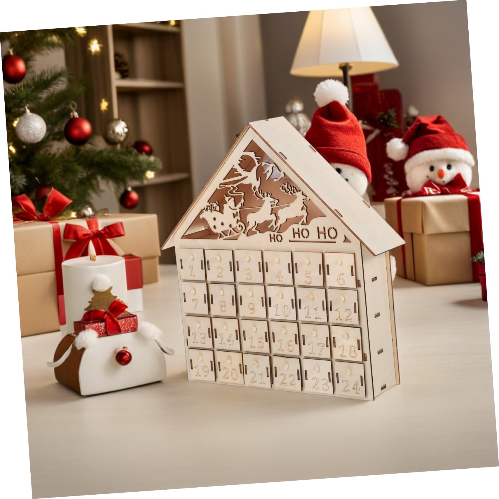 Calendario de Adviento de Madera LED para Navidad Reutilizable con Iluminación Decoración Rústica para Mesa y Repisa Regresiva Festiva