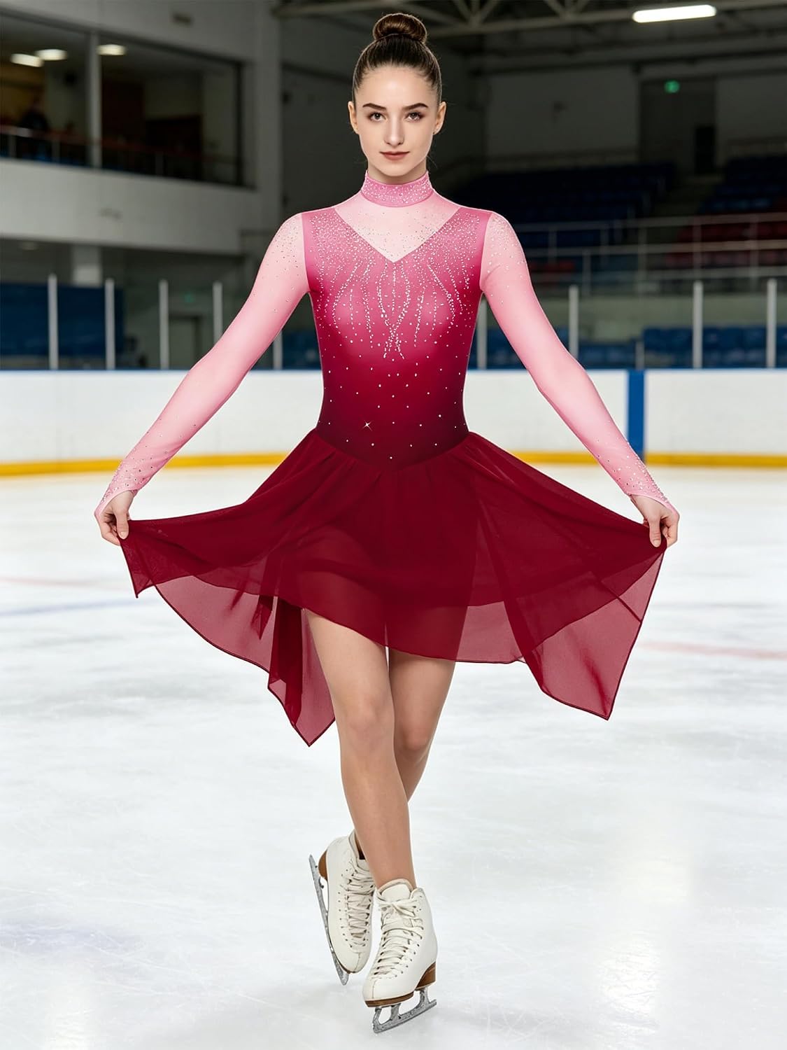 Hularka Women Figure Skating Dress Long Sleeve Gradient Color Dance Competition Party Shiny Rhinestones Dress