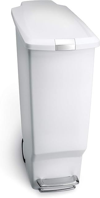 simplehuman CW1362 40L Slim Kitchen Pedal Bin with Lid Lock, Silent Soft Close Lid, Built In Wheels, Stay-Open Lid, White Plastic, W 26.0cm x H 64.0cm x D 49.0cm
