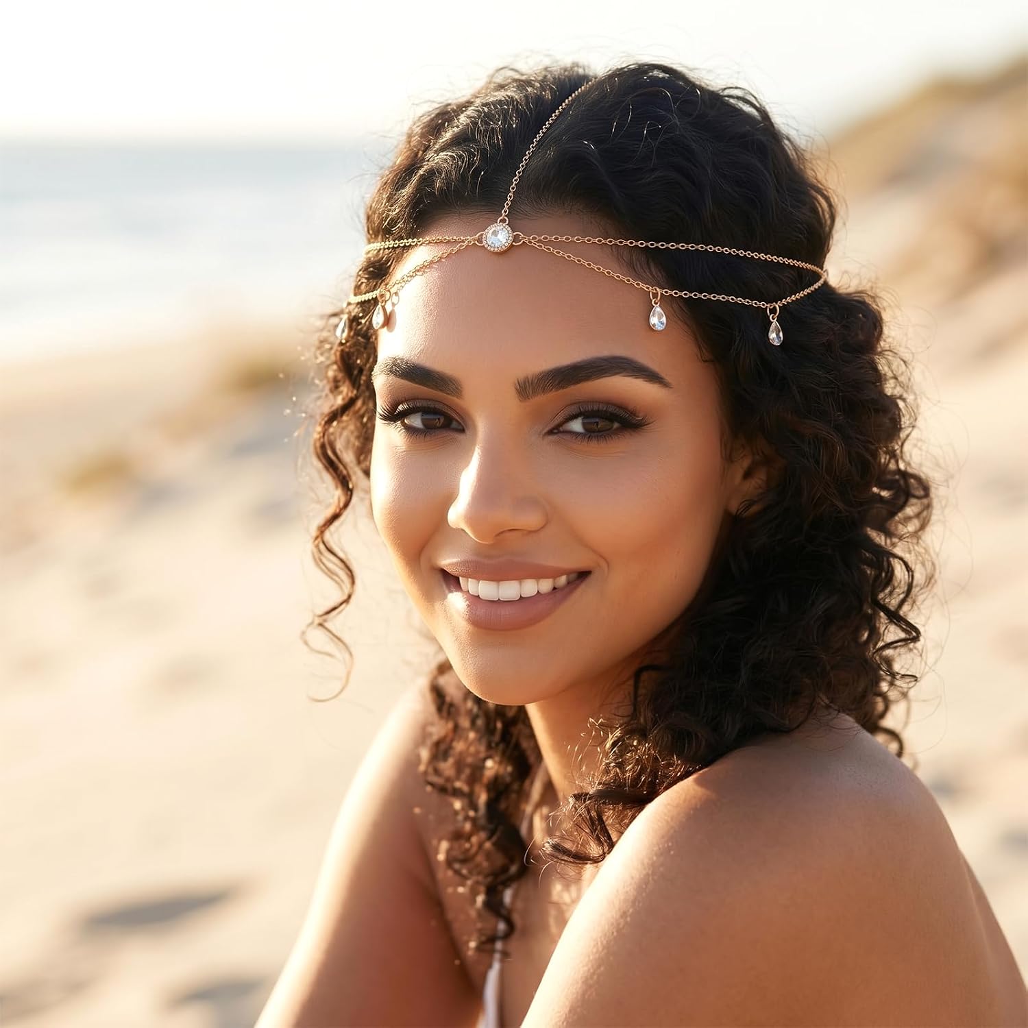 Ouligay Gold Headpiece, Rhinestones Head Chain, Indian Head Jewelry, Gold Head Piece Genie Head Jewelry For Women Girls, Hair Accessories For Festival Prom Wedding Bridal