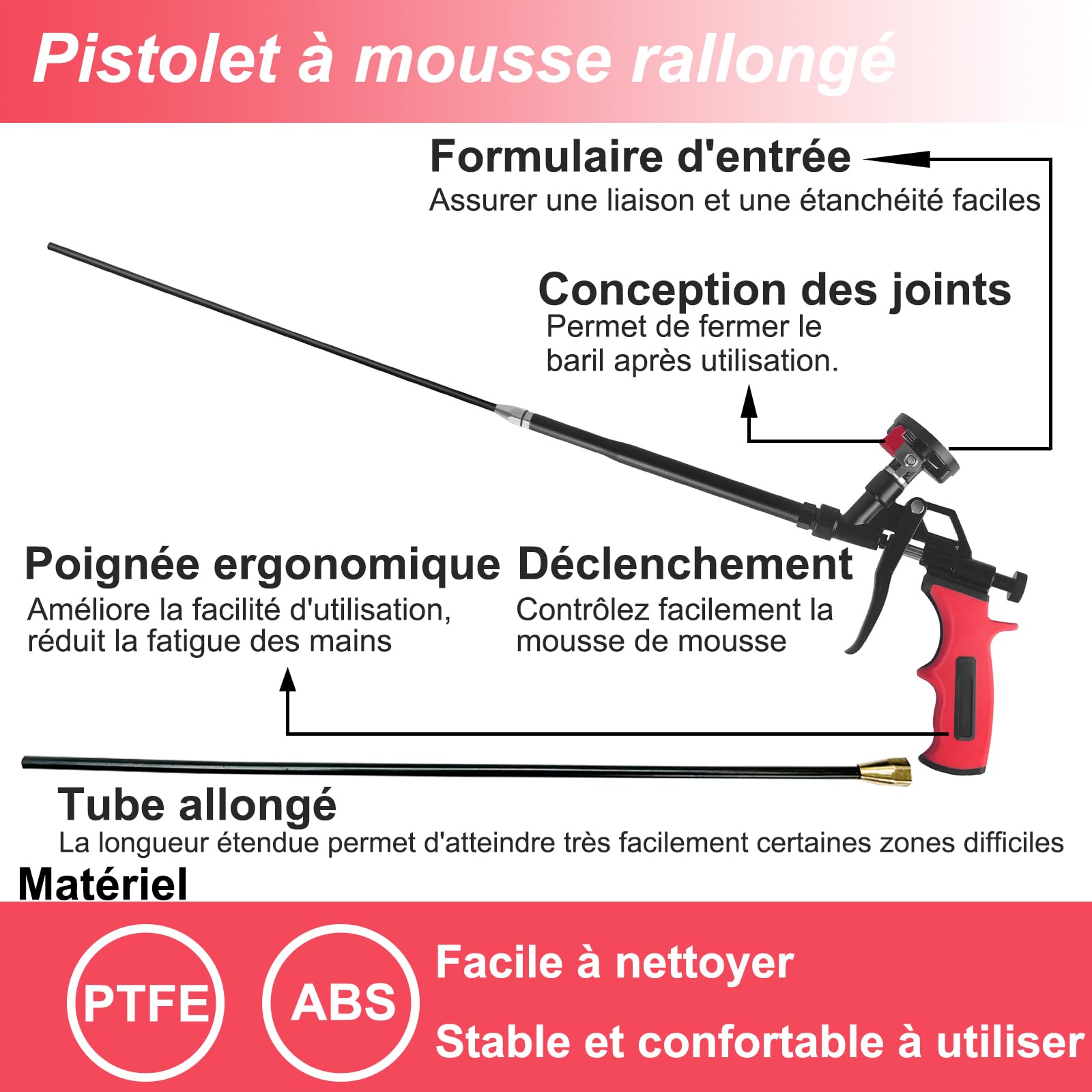 Pistolet à mousse extensible de 63,5 cm – Panier avec revêtement en téflon antiadhésif, pistolet isolant en mousse extensible pour calfeutrer, remplir, sceller