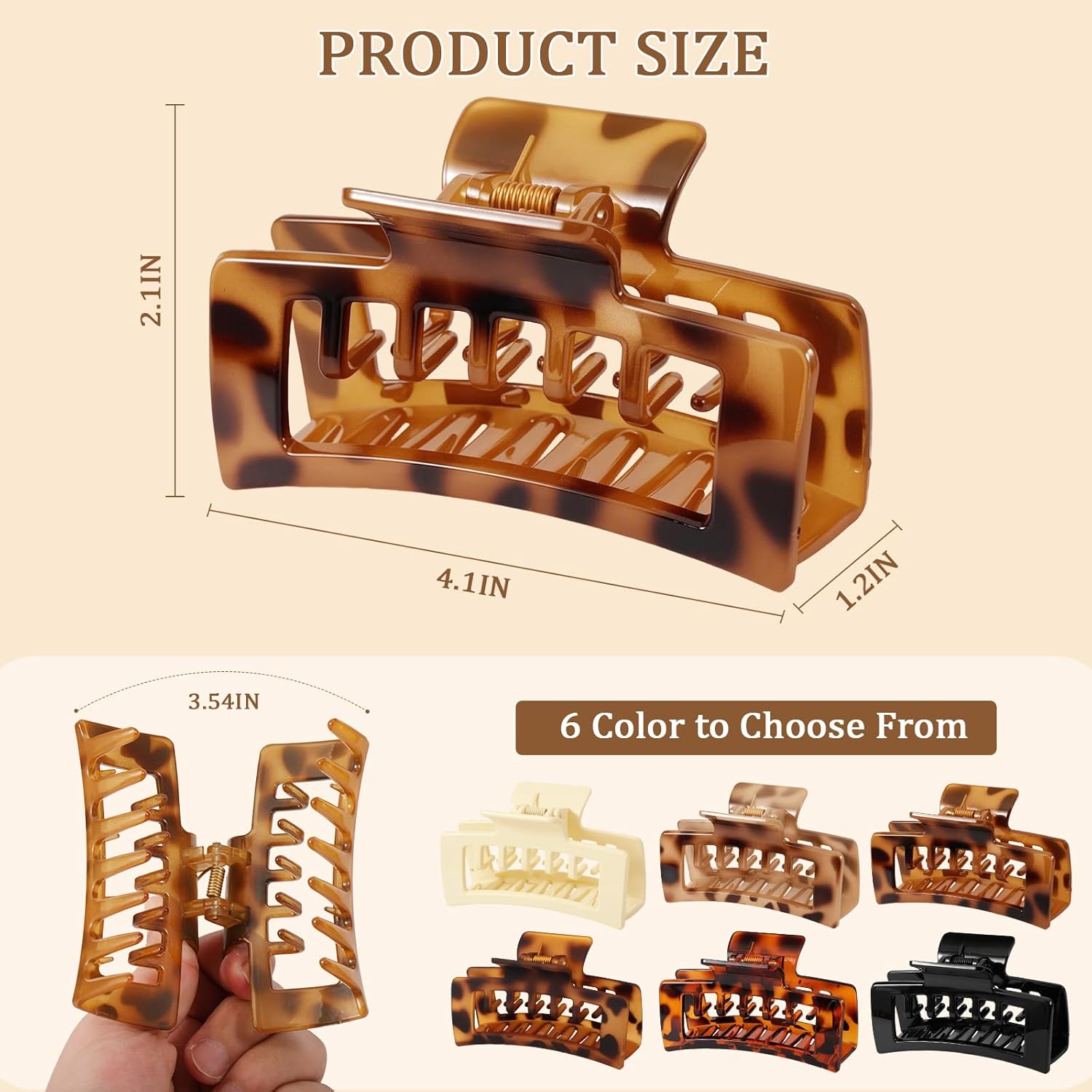6 PCS 4.1 Inch Large Claw Clips for Women Girls, Big Tortoise Shell Rectangle Hair Clips for Thick/Long/Curly Hair, Strong Hold Square Claw Clip Non Slip Banana Jaw Clips Hair Accessories - Image 2