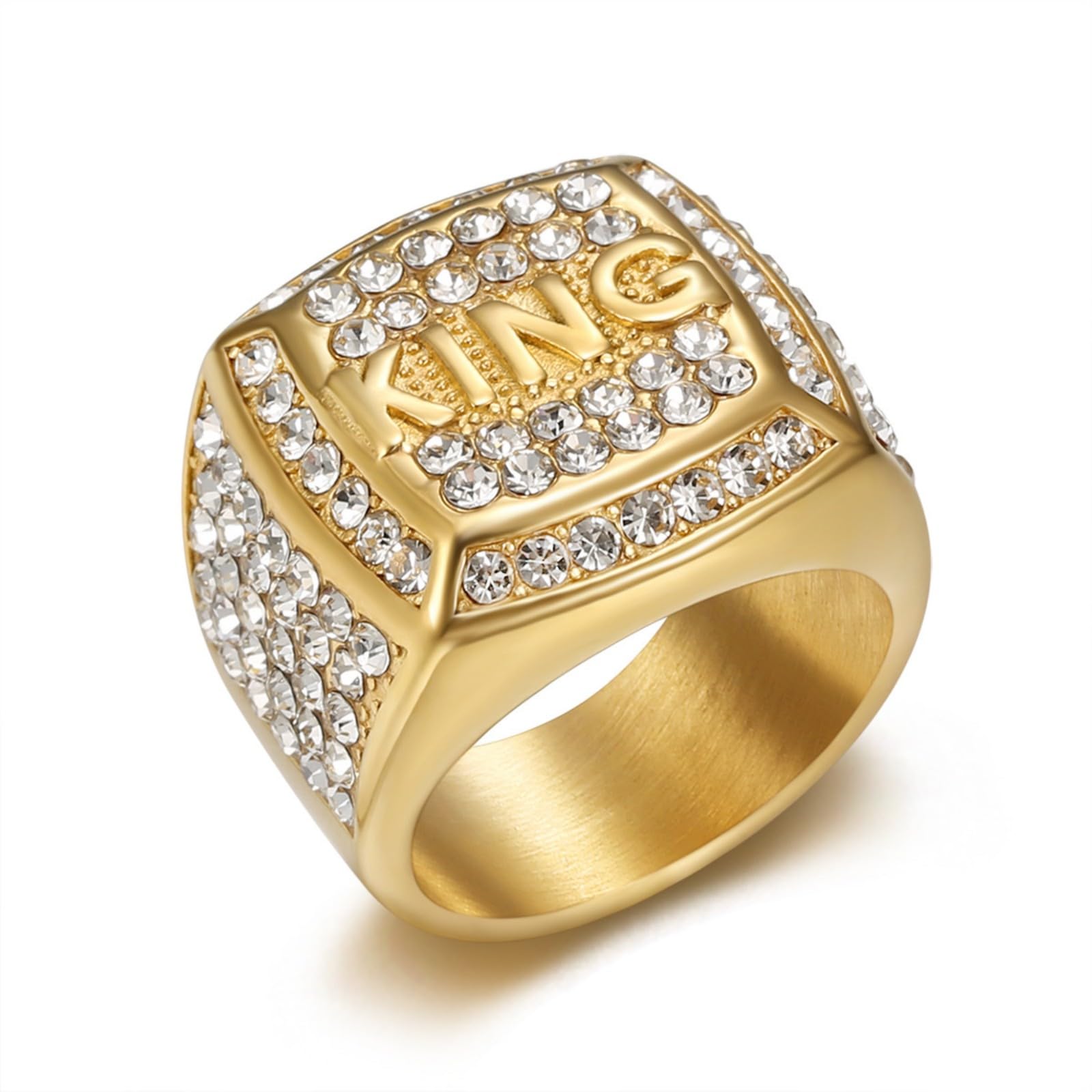 VHJdtE Rings, Hip Hop Iced Out King Ring Titanium Steel Men’s with Bling Cubic Zirconia Rapper Style(Gold,U)