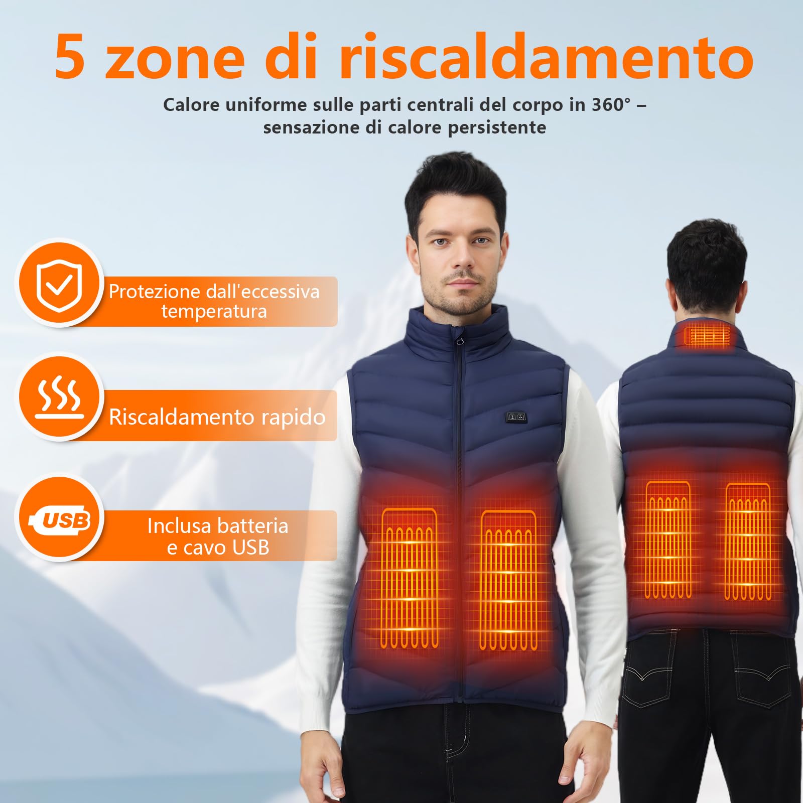 Gilet Riscaldabile per Uomo e Donna, Gilet Riscaldato USB con Batteria da 5 V 10000 mAh, Giacca Calda Invernale per Escursionismo, Caccia, Moto, Campeggio