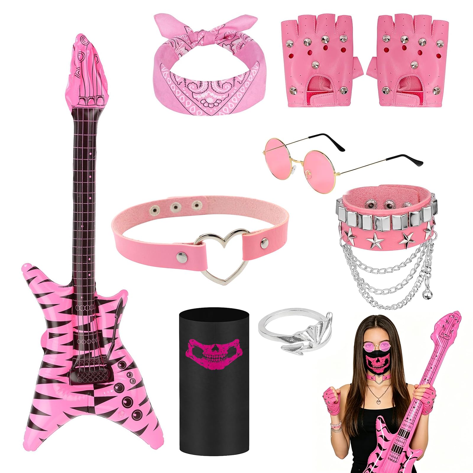 HotoPink 8 Pcs Rock Gothic Costume Set, Heavy Rock Star Set, Punk Accessories with Retro Sunglasses Gloves Bandana Bracelet Inflatable Guitar for Women Men Adult Disco Party Cosplay Festivals โ image 1