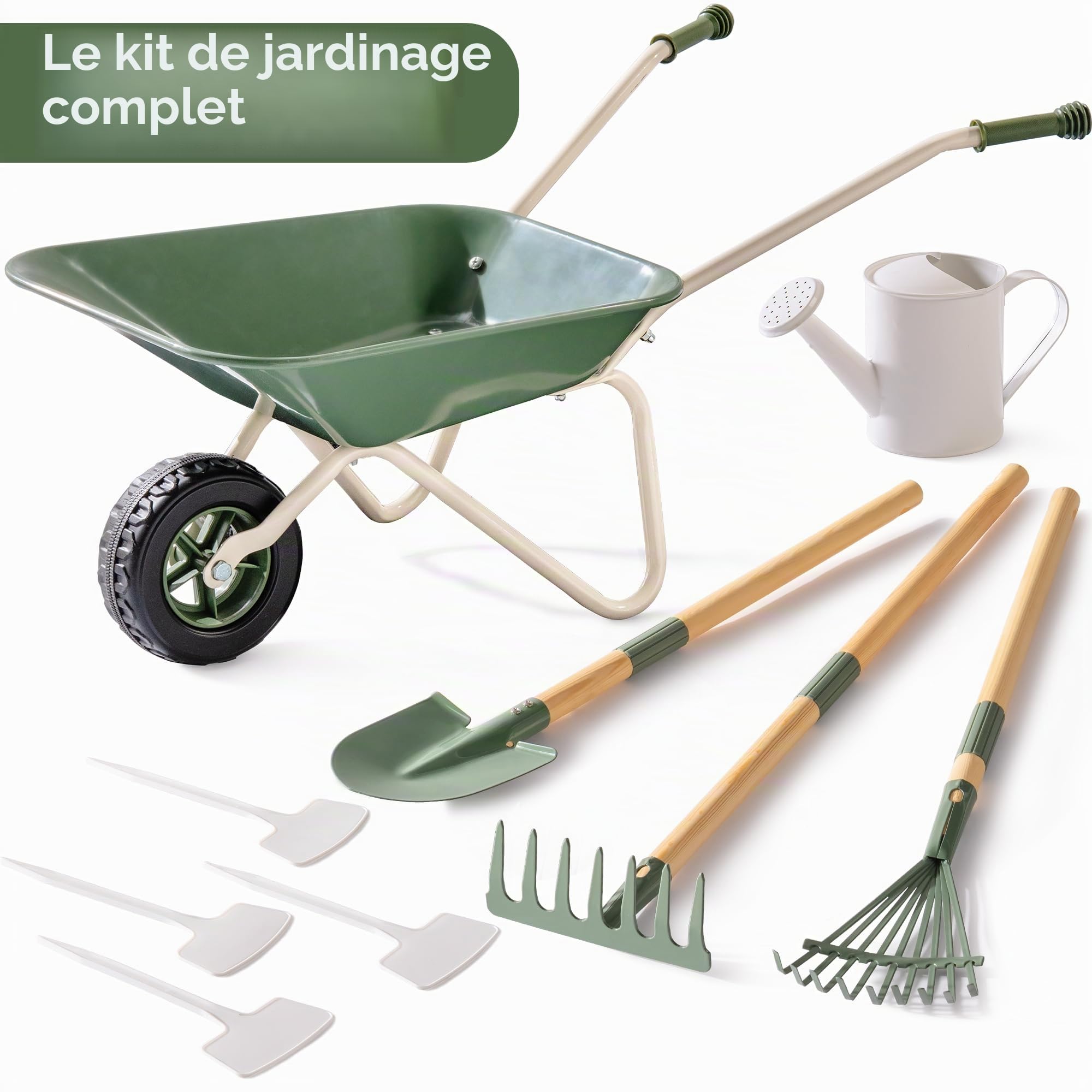 ROBUD Kit de jardin pour enfants avec brouette, jouet de jardin avec arrosoir, jouet éducatif pour extérieur, ferme, cadeau pour garçons et filles à partir de 3 ans (vert)