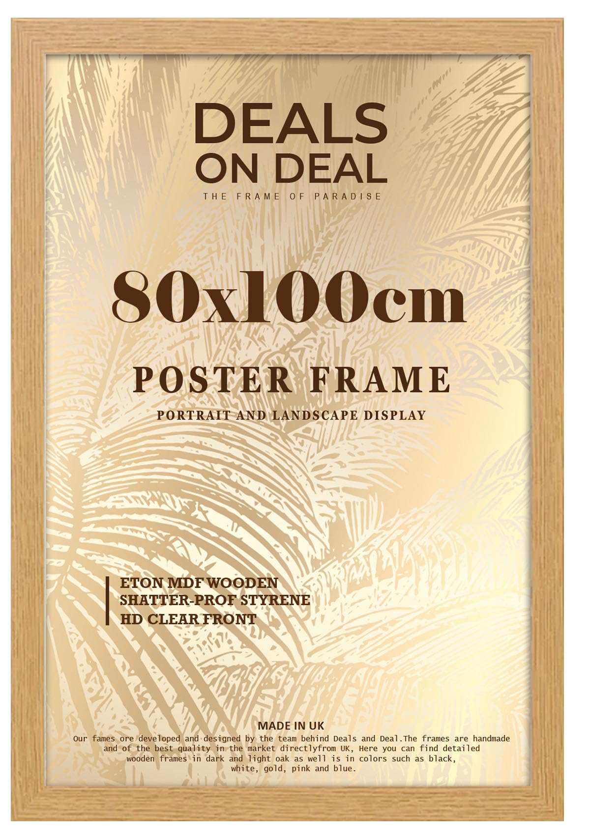 DEALS ON DEAL® Large Oak Poster Frame 80x100 cm Picture Frame Jigsaw Puzzle | Mdf Wooden 100 x 80 cm | Solid Mdf Hd Clear Front | Vertical or Horizontal