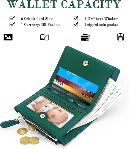Miniatura 2 de Cartera pequeña para mujer, cartera compacta de cuero plegable para mujer con cremallera, Patrón de piedra, verde oscuro, Moda