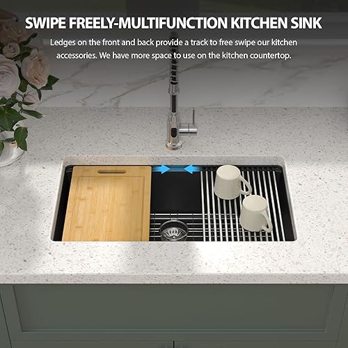 Miniatura 3 de Sarlai - Fregadero de cocina de 32 x 19 pulgadas, compuesto de granito negro mate de 32 x 19 pulgadas, para colocar debajo del mostrador, fregadero