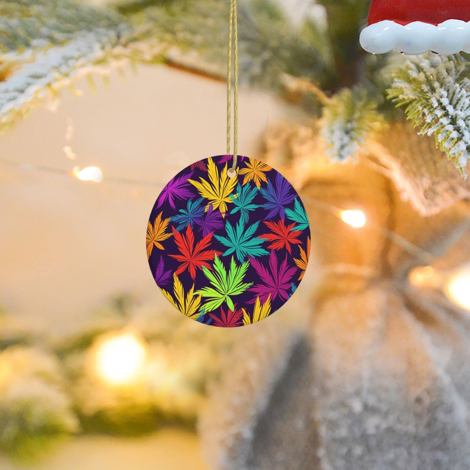 Christmas Ornaments for Christmas Tree Decoration Ceramic Hanging Bright Colorful Weed Pattern Ornament with Gold Ribbon Crafts Round Pendant for Keepsake Gifts Glass Xmas Decor Party Supplies