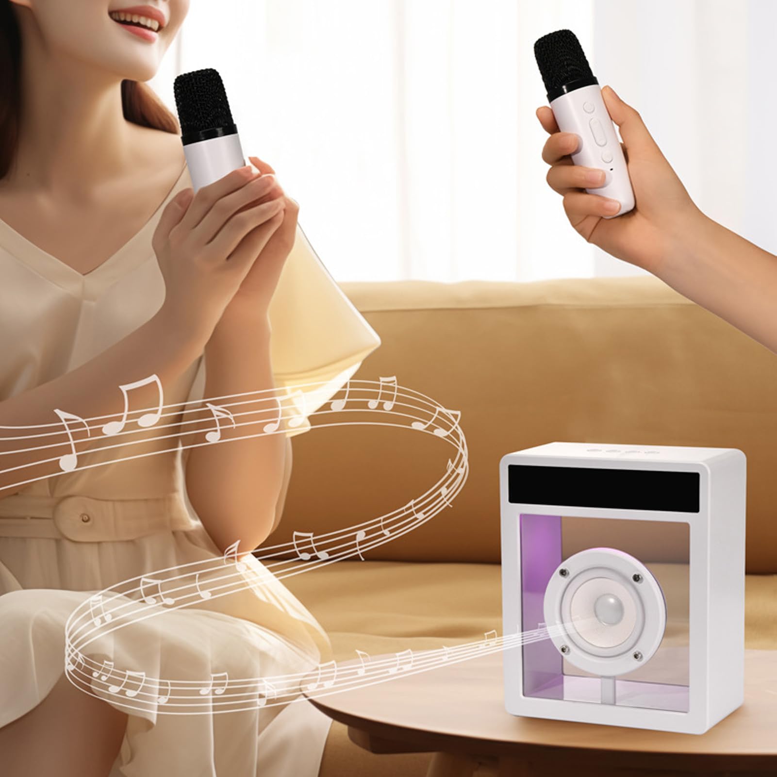 Máquina de Karaoke Inteligente, Pantalla de Letras Integrada y Luces Ambientales para Adultos y Niños, PA de Altavoz Bluetooth Portátil de 10 W con 2 Micrófonos Inalámbricos