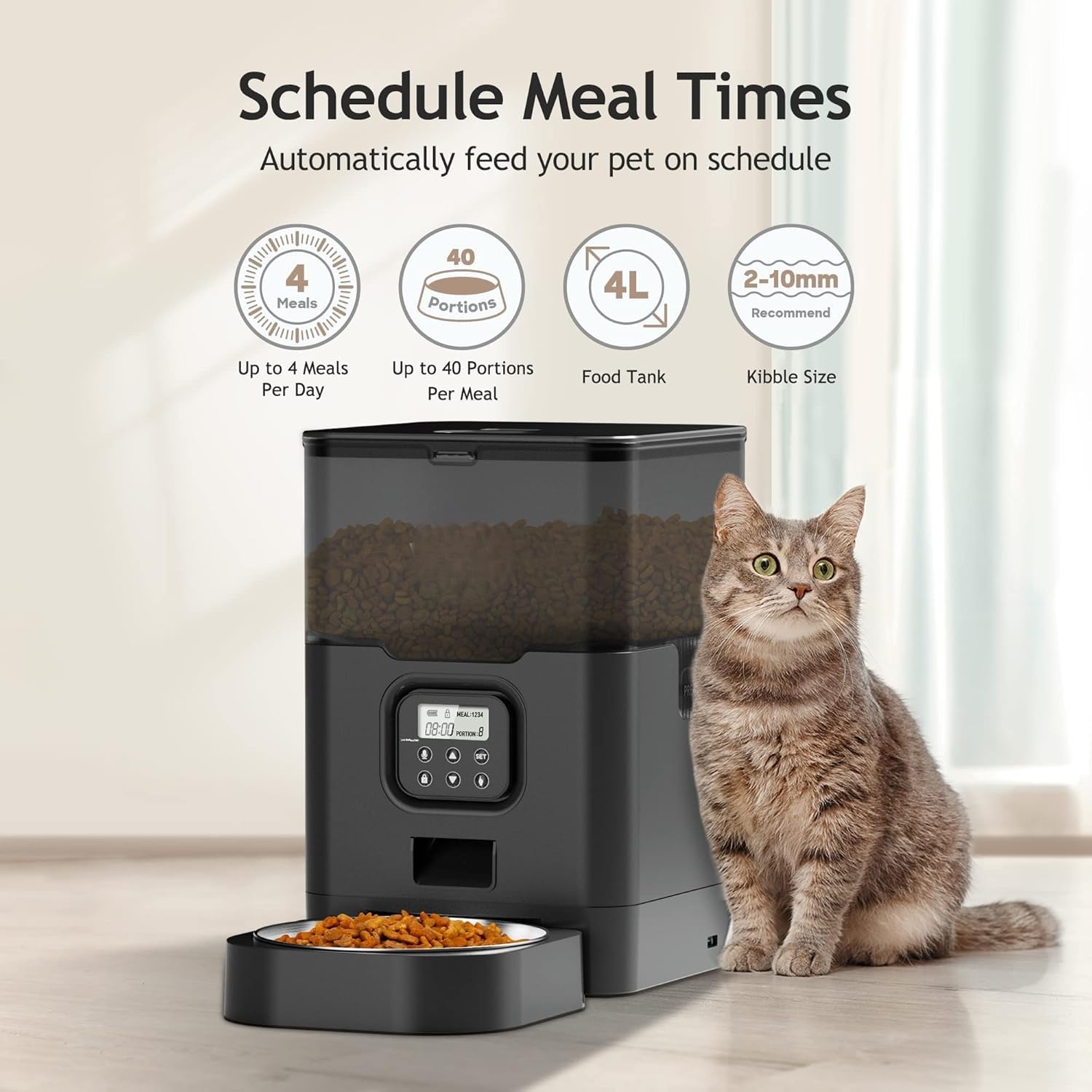 SHOPOBOX Automatic Feeder for Dogs Cats, 4L Automatic Feeder with Stainless Steel Bowl Smart Dry Food Dispenser, Food Dispenser with Timer & Portion Control for Medium & Small Pets 4