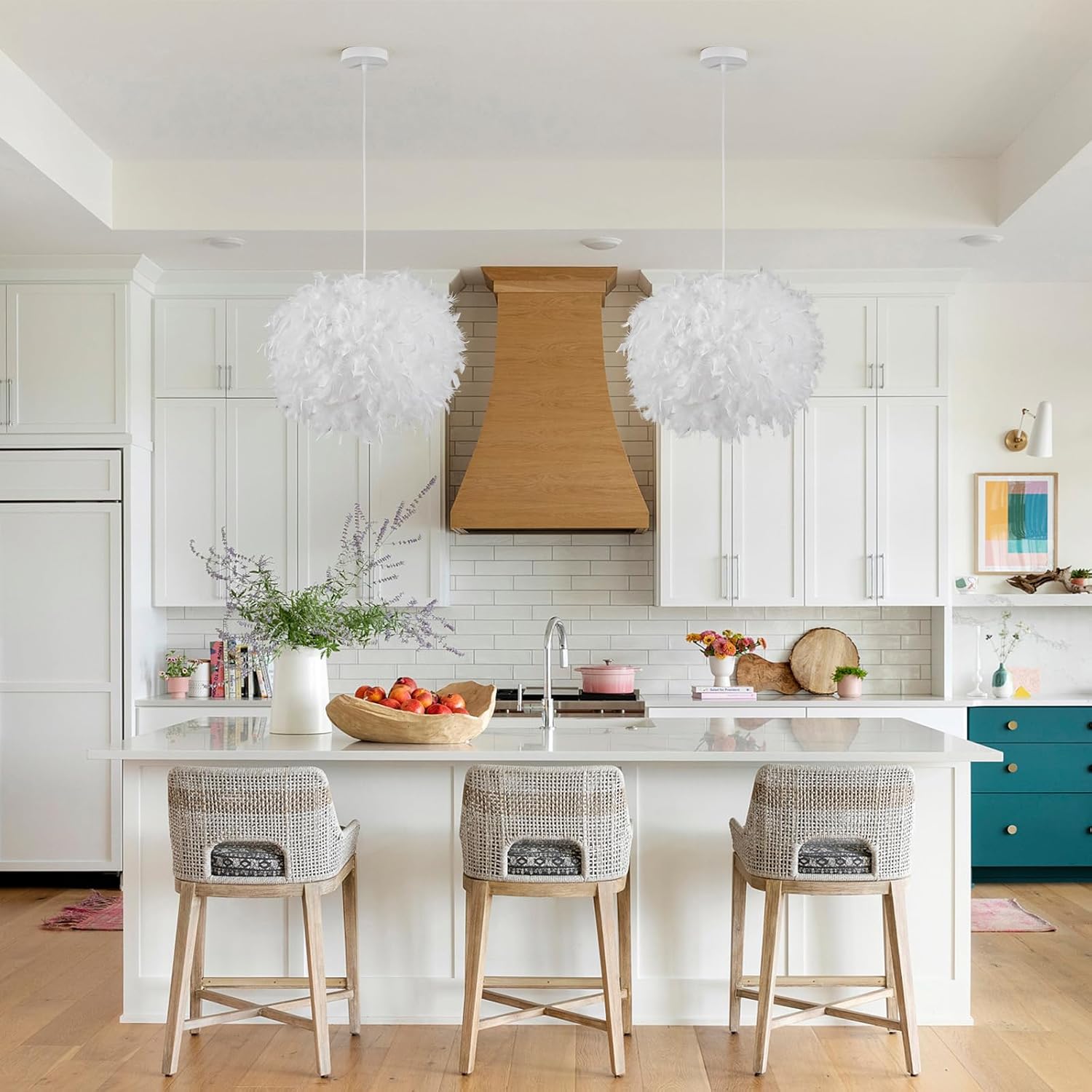 NZV White Feather Pendant Light for Bedroom 15.8in Modern Feathers Chandelier Light Fixture for Girls Room Romantic White Hanging Ceiling Lighting for Dining Room Kitchen Island Foyer Hallway