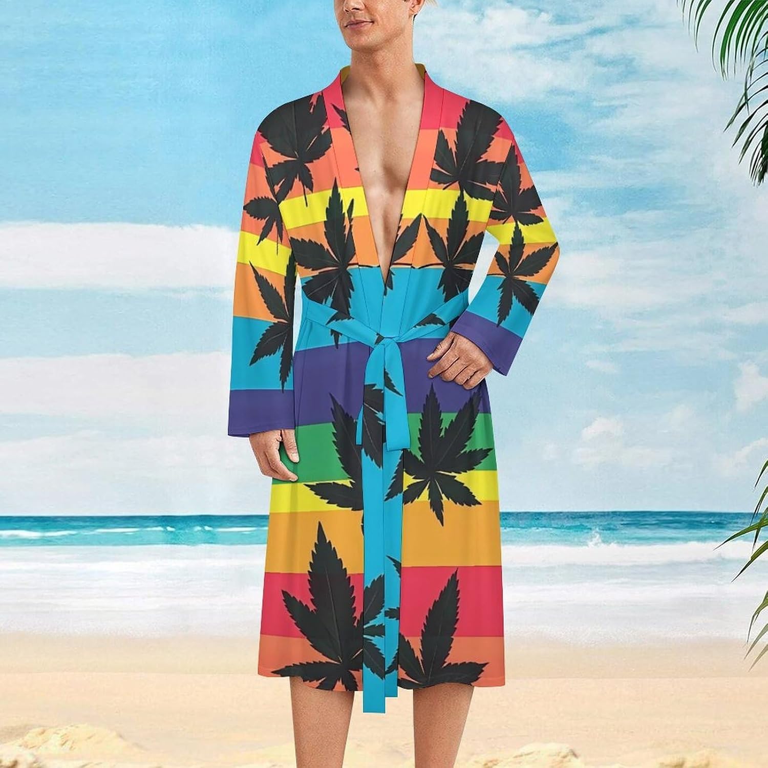 Colorful LGBT Weed Leaf Mens Soft Robes Lightweight Long Sleepwear Spa Bathrobe