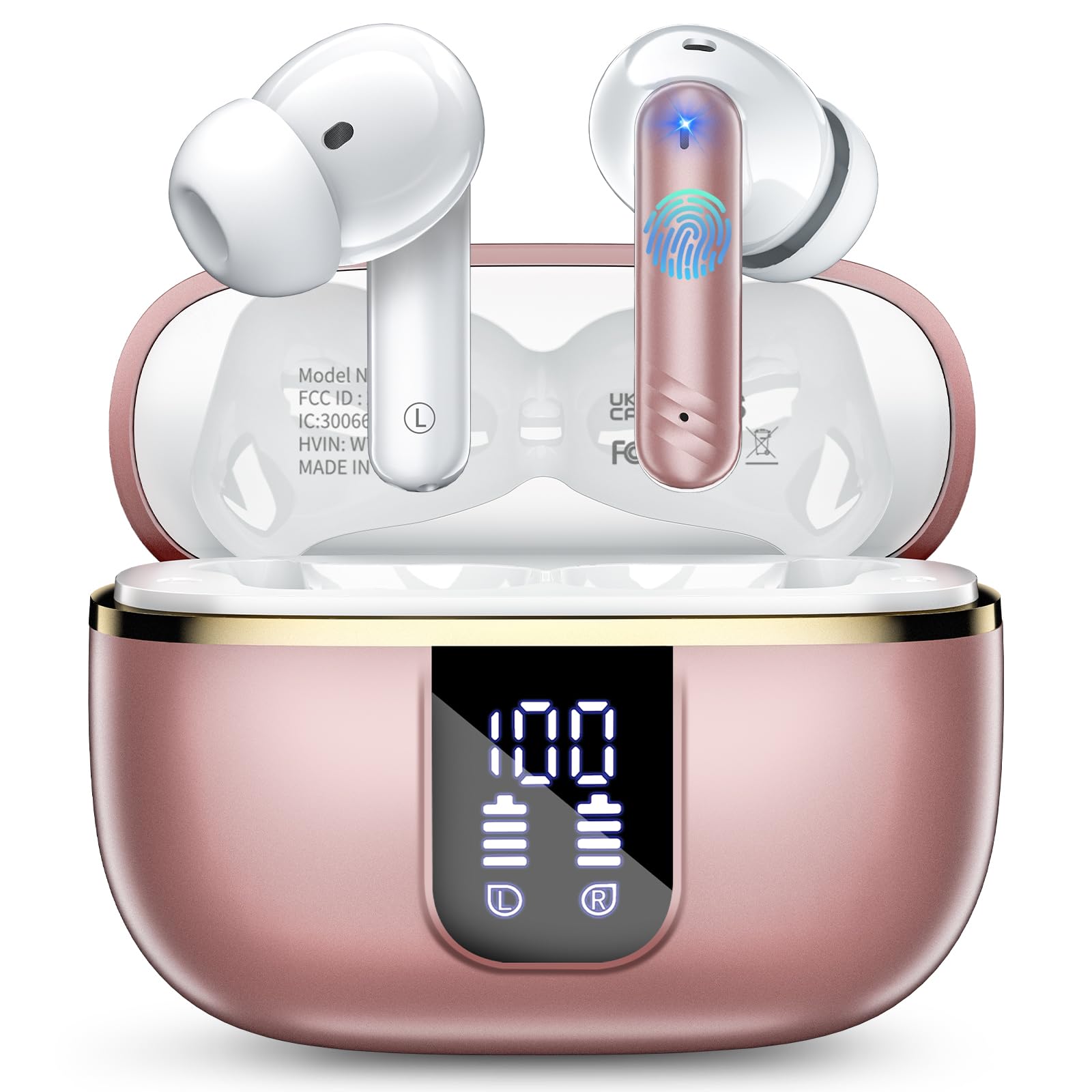 Wireless Earbuds, 2025 Bluetooth 5.4 Headphones 3D HiFi Stereo, 46Hrs Playtime in Ear Earbuds with 4 ENC Noise Cancelling Mics, IP7 Waterproof, LED Display Wireless Earphones for Android iOS. Rose