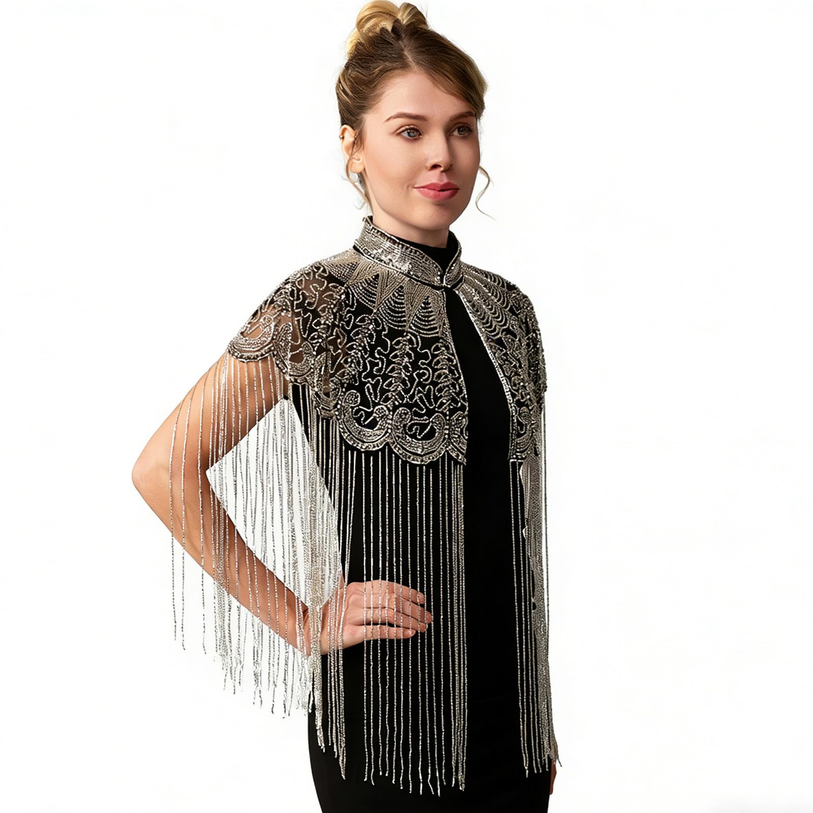 Elegante scialle ricamato in poliestere con frangia lunga e perline Decors Prom Dinner Wrap per donne e ragazze con frange