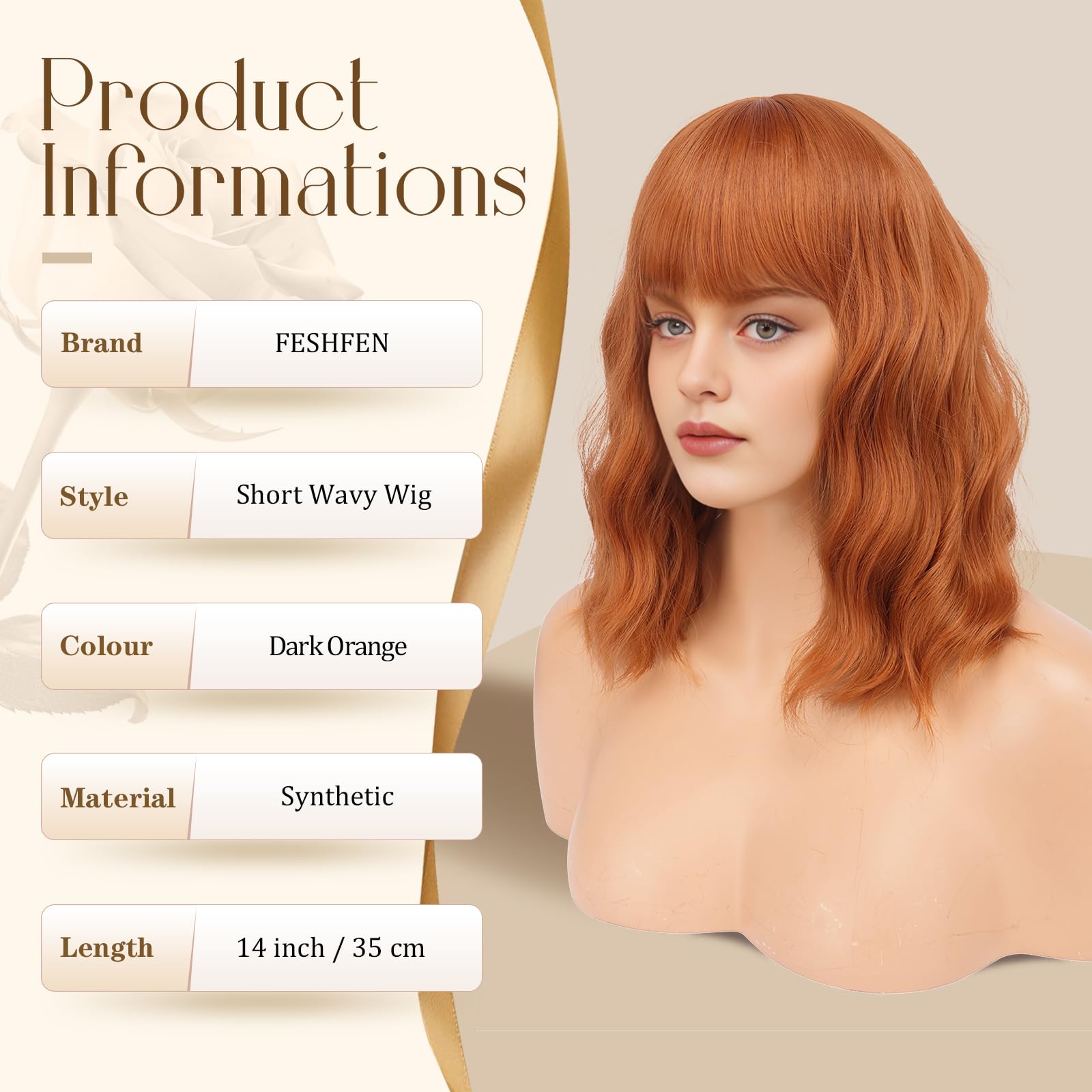 FESHFEN Perruque ondulée avec frange - 35 cm - Orange foncé - Longueur épaules dénudées - Cheveux synthétiques - Pour femme et femme - Pour le quotidien, le carnaval