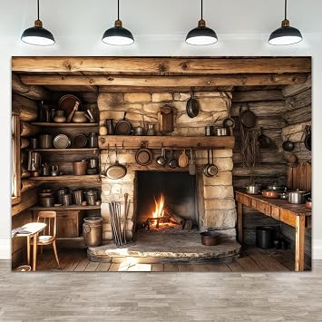 Rustic Kitchen Backdrop, Farmhouse Western Old Wooden House Kitchen Interior Background Rural Fireplace Cooking Utensils Background, Party Decoration Studio Photography Banner Booth Props 10x8ft