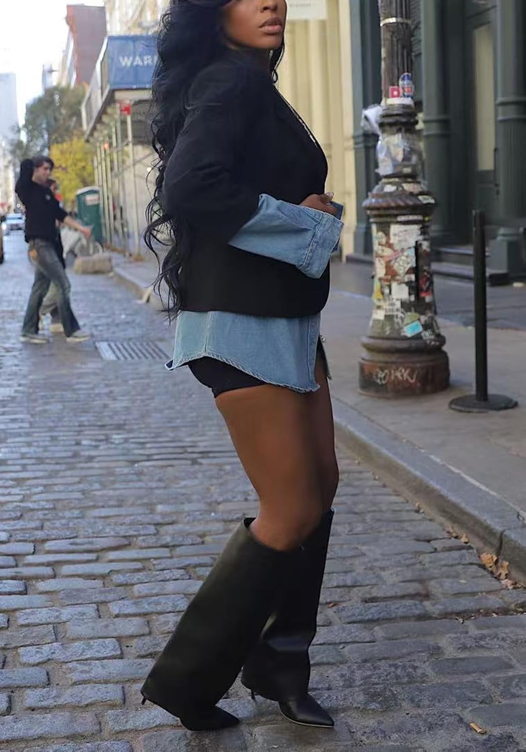 DINGANG Blazer Denim Jacket for Women Office Casual Long Sleeve Open Front Patchwork Jackets Coat - Image 4