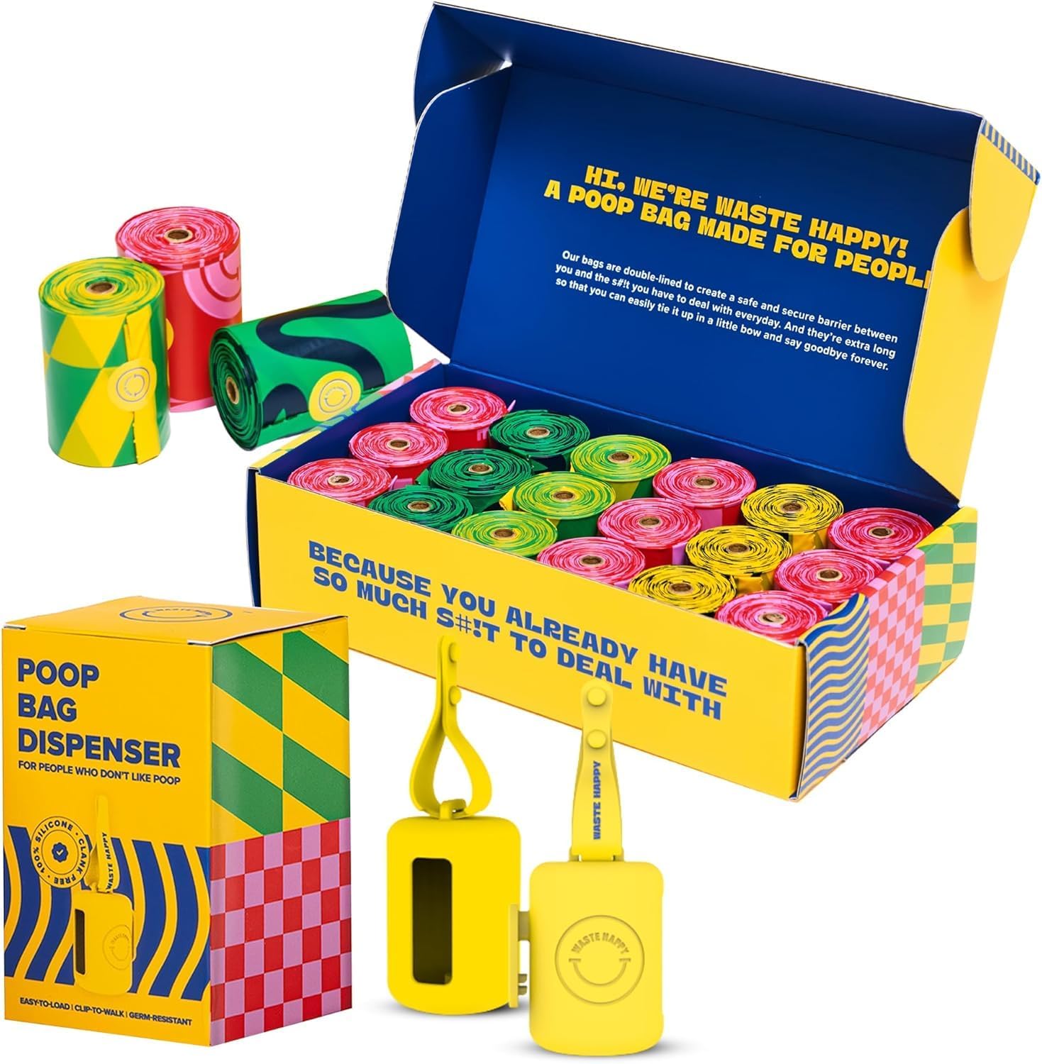 Dog Poop Bags Rolls 270 Count (18 Rolls) with 14" Dispenser with Capacity of 15 Bags - Yellow Silicone Dispensers & Ultra Thick, up to 300% Stronger Poop Bags