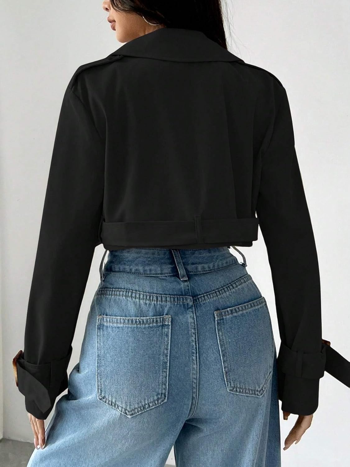 Womens Fashion Trench Outwear Solid Color Lapel Collar Long Sleeve Crop Casual Trench Coat Jacket Coat