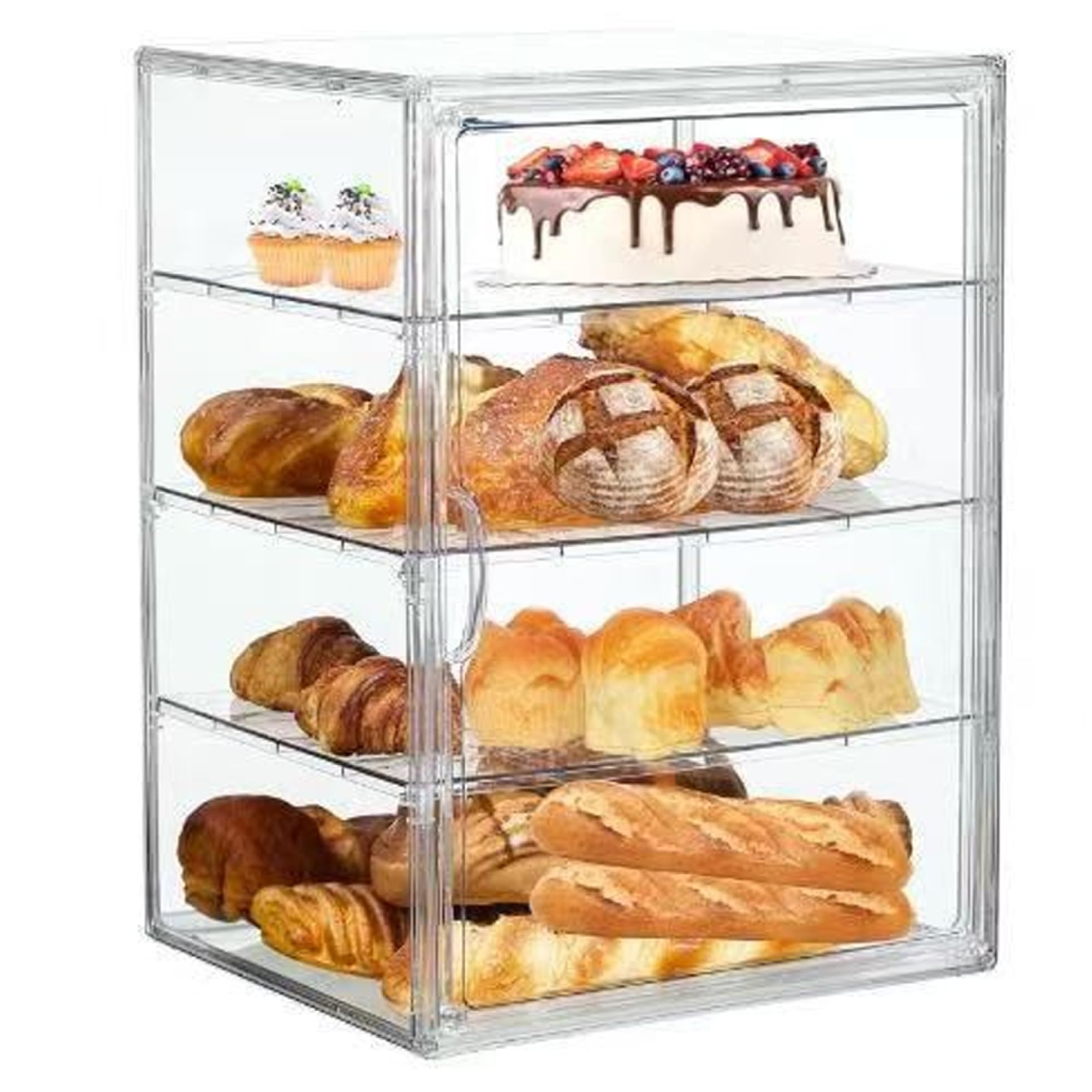 Azidweryq Transparent Pastry Display Case 4 Layers Clear Bread Box With Magnetic Door Dustproof Bakery Display Case With Removable Dividers Cookie Stand For Kitchen Bakeries, 16X12x10in Pastry