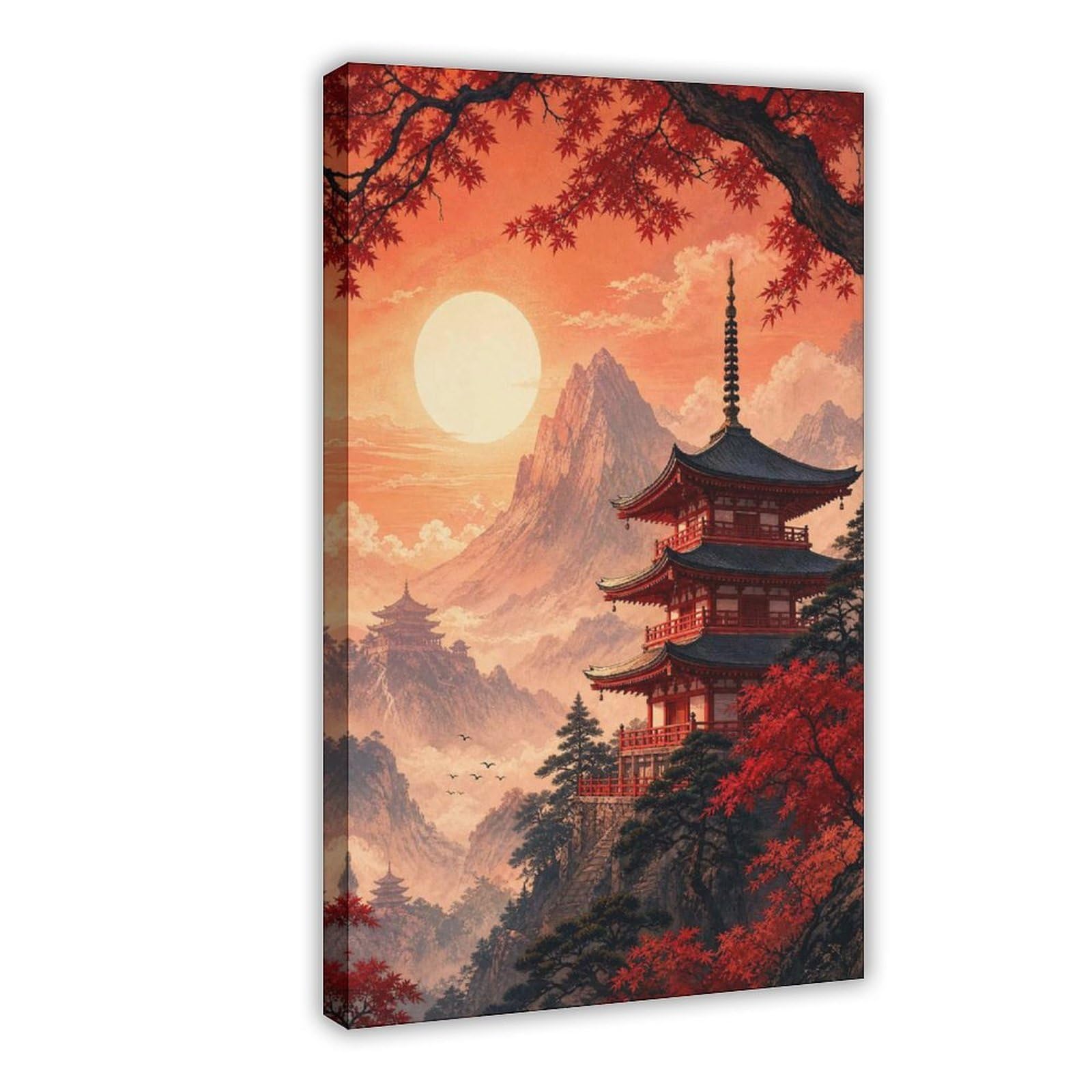 QNVJQKDSI Japanese Pagoda Poster Landscape Art Canvas Poster Bedroom Decor Landscape Office Room Decor Gift 24" L X 36" W