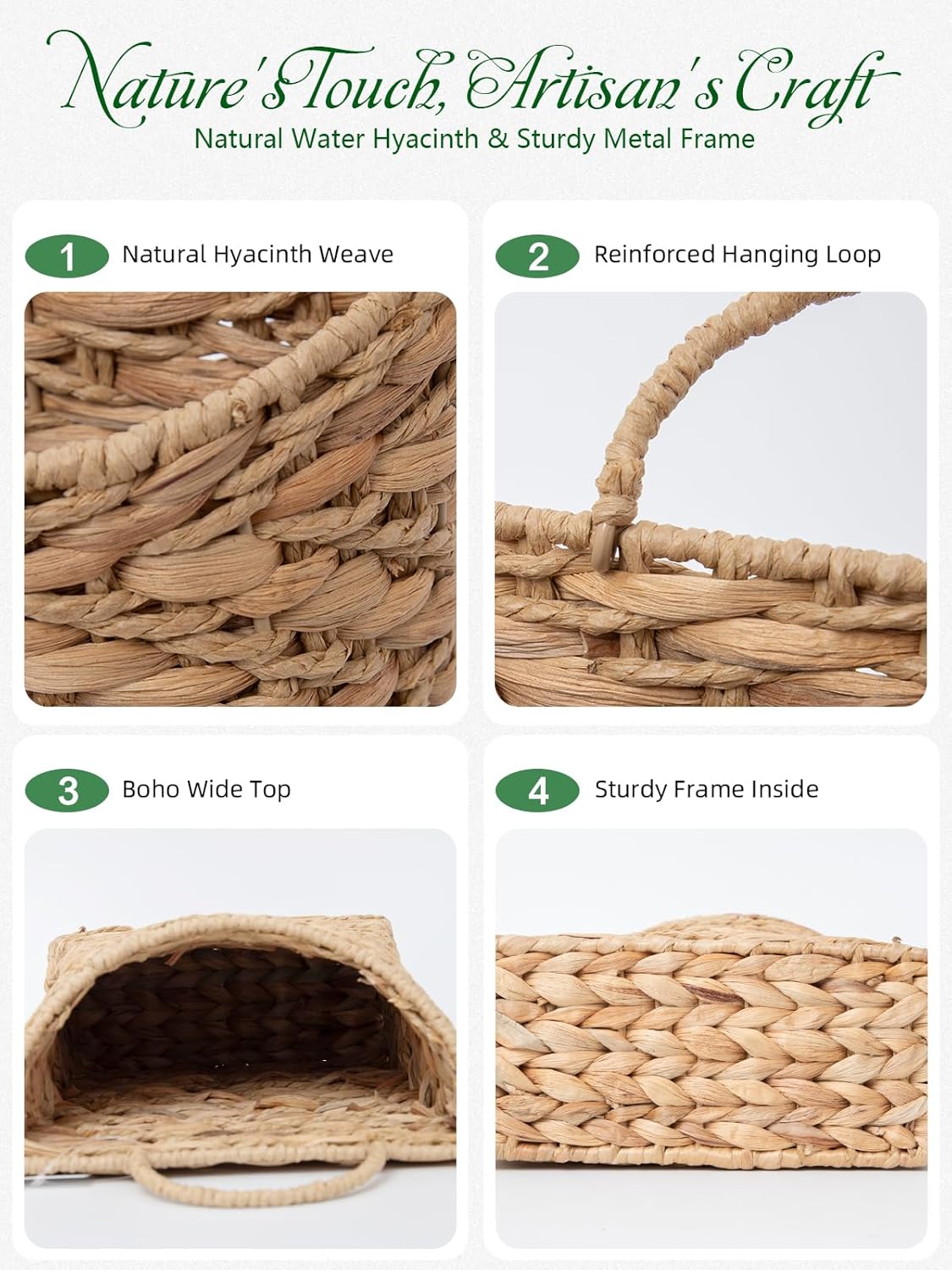 VerdantVibes Handwoven Wall Hanging Basket – Natural Water Hyacinth Basket for Boho Farmhouse Decor, Kitchen & Entryway Storage, Flower & Plant Display (9.8" H × 7.9" L × 3.1" W)
