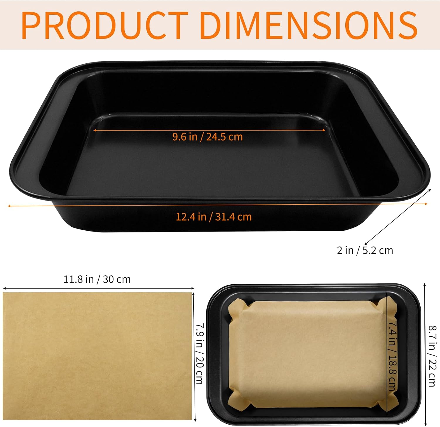 3 Pack Rectangular Cake Pan, 9.6 x 7.4 Inch Non-Stick Carbon Steel Baking Pans, Deep Cookie Sheet Tray, Stainless Steel Bread Bakeware for Oven, Lasagna, Brownies, and Roasting Vegetables