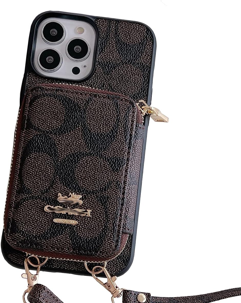 LBJ MAKY Luxury Wallet Case , Card Holder Case with Crossbody Strap for Women Metal nameplate Protective Case Compatible with iPhone 13 Pro Max 6.7''(Brown)
