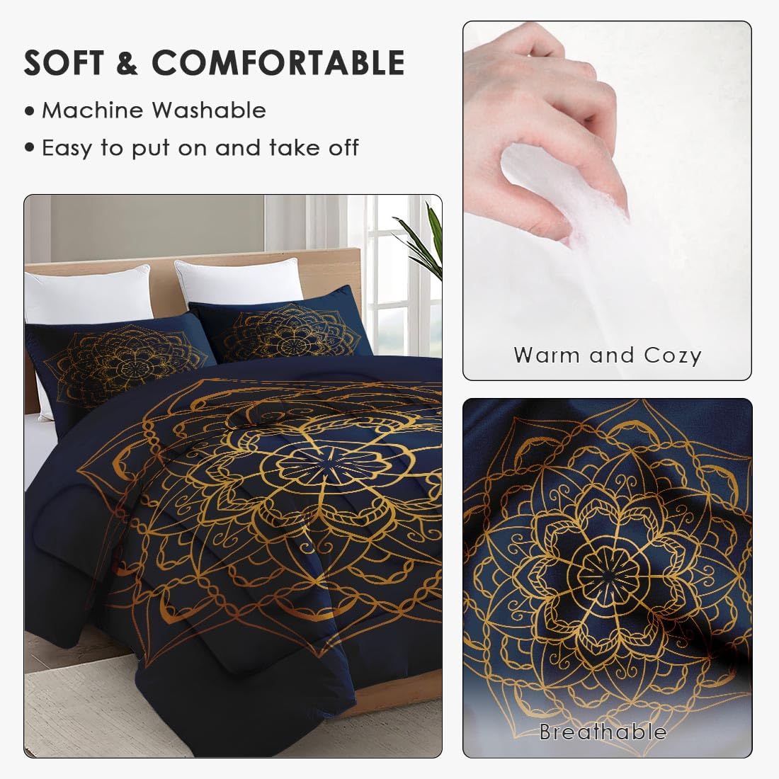 Queen Size Comforter Set with 2 Pillowcases, Navy Blue Boho Gold Mandala Soft 3 Pcs Bedding for Kids and Adults Bedroom Bed Decor - Image 5