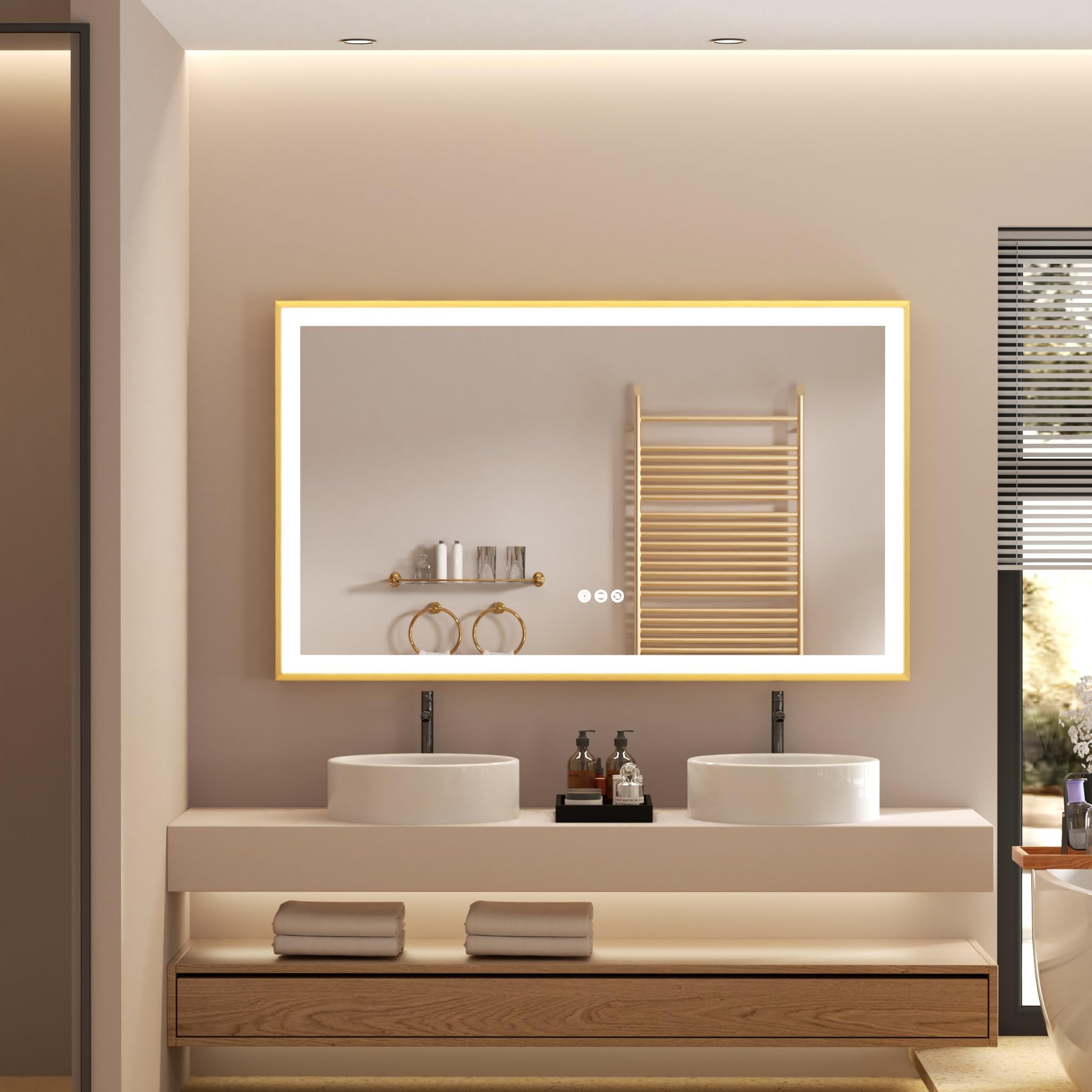 LUVODI Bathroom Mirror with LED Light: 1000x600mm Illuminated Dimmable Rectangular Wall Vanity Mirror with Anti-fog Golden Frame 3 Colour Lighting, IP56 Rated