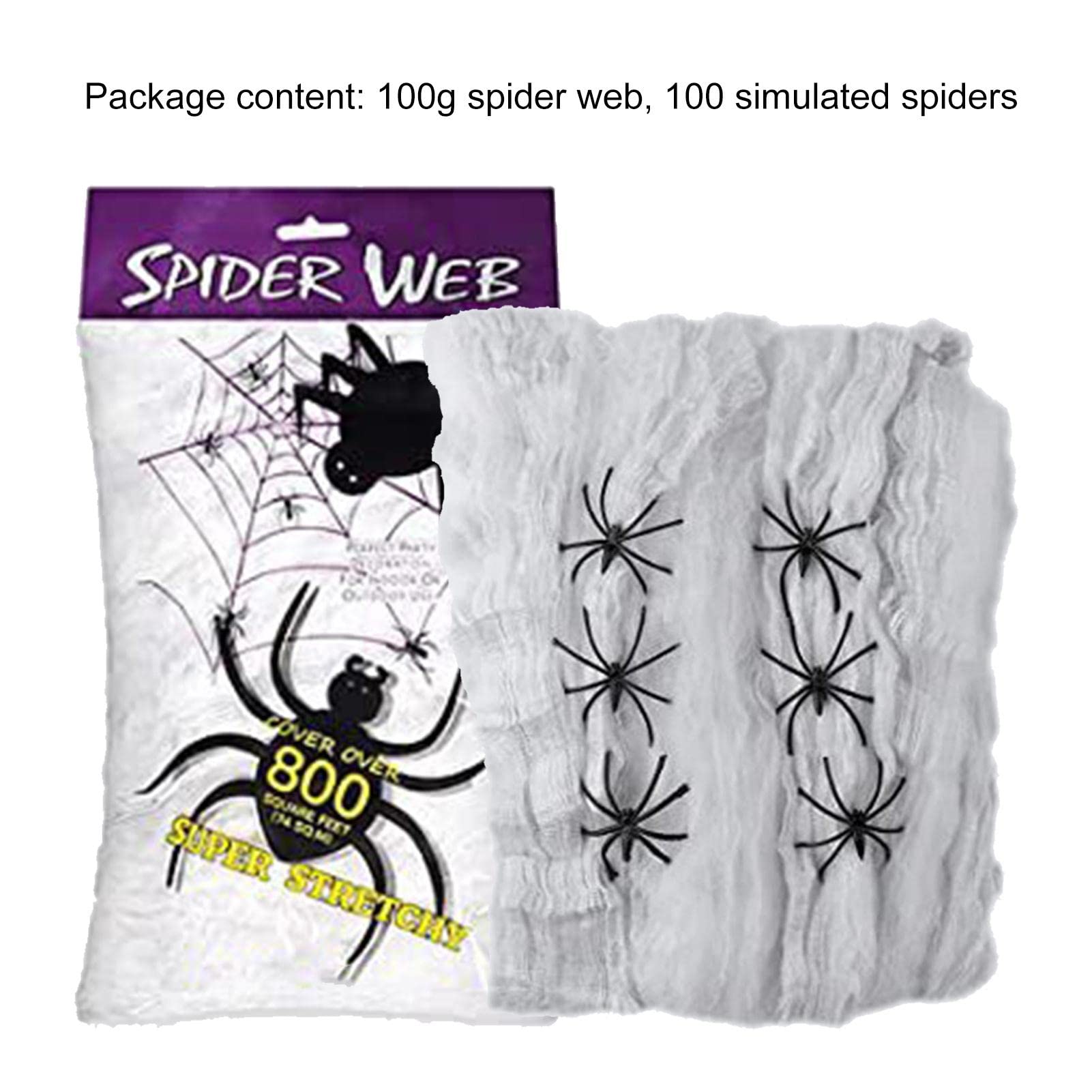 Set di Decorazioni di Halloween con ragnatele spettrali | Ragnatele Elastiche da 100 g con 100 Ragni Finti per Uso Interno ed Esterno