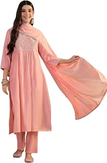 Kaari Women's Embroidered Kurti Set with Dupatta - Straight Fit | Silk Blend with Embroidery | Round Neck with 3/4th Sleev... Price In India