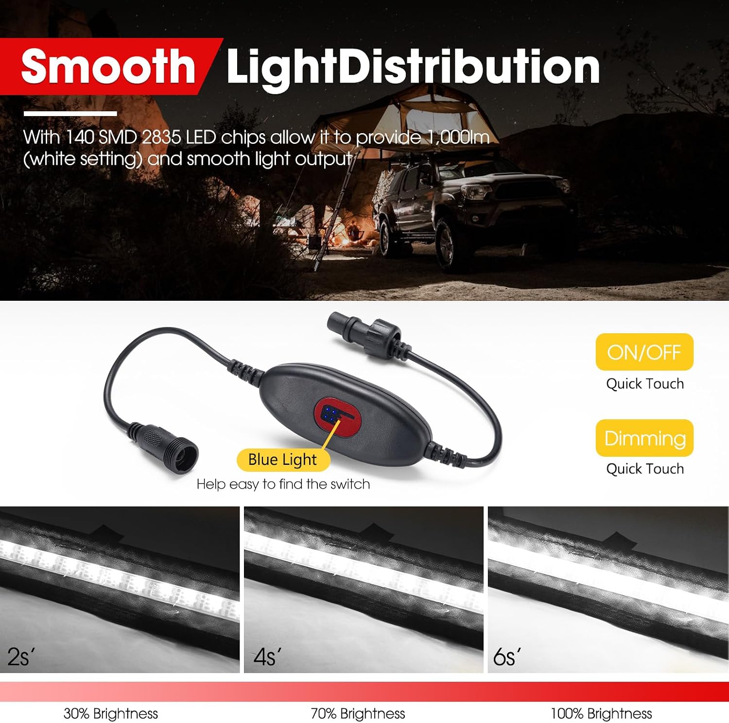 FIERYRED 12V Led Light Strip, Dimmable LED Camping Awning Light SMD 2835 LED Chips, Waterproof 4FT Led Light Bar Multi-Functional Use for Car Tent, Camper Motorhome, White