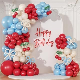 CROSSFINGERS Cherry Red and Blue Balloon Garland Arch Kit,150pcs Bow Light Blue Red White Balloons Arch Kit for Cherry Themed Birthday Baby Shower Wedding Galentine's Bridal Shower Party Decorations