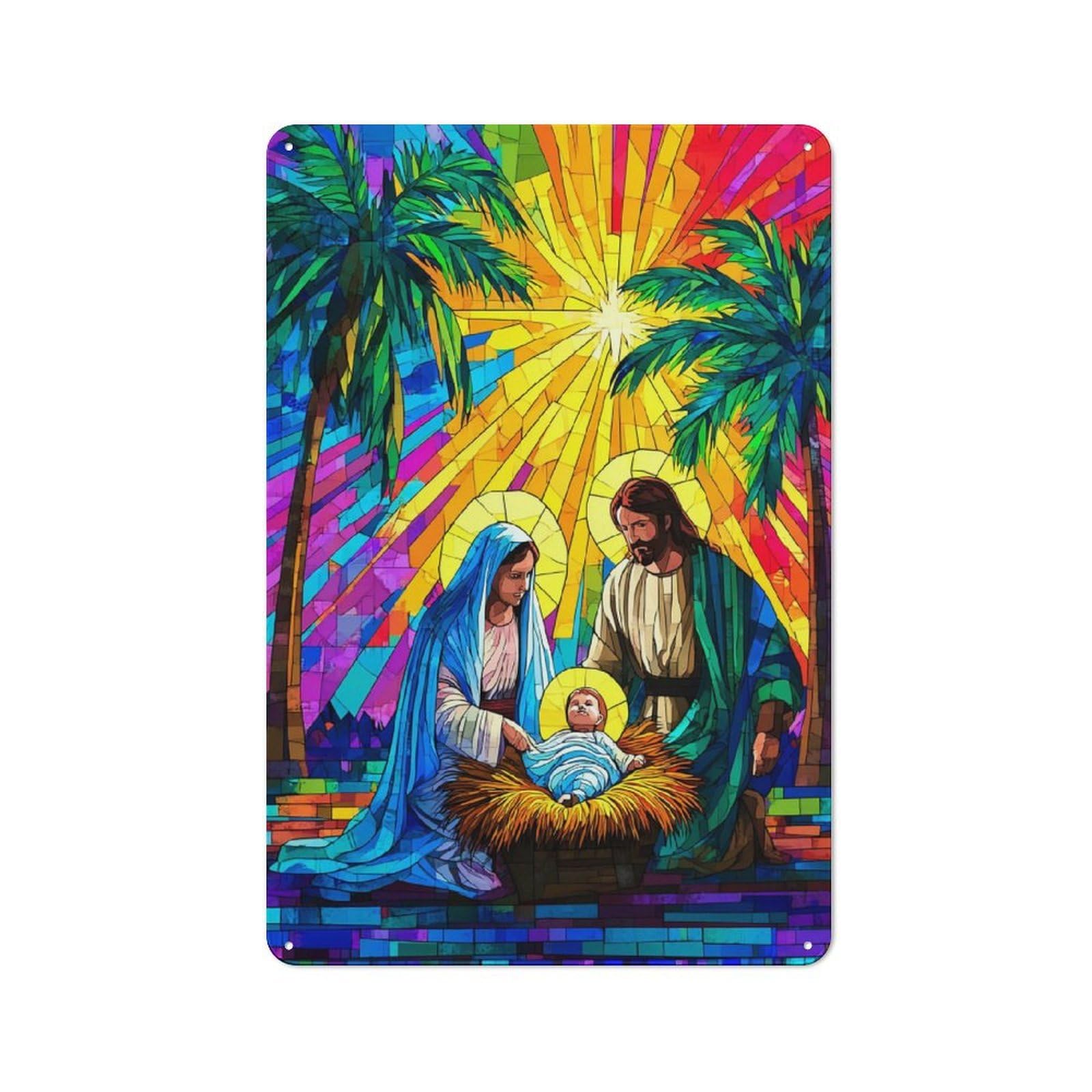 Junmoney Colorful Nativity Scene With Palm Trees Tin Wall Plaque 30X20cm With For Hobby Room Or Studio, For Updating Hobby Room And Studio After Moving