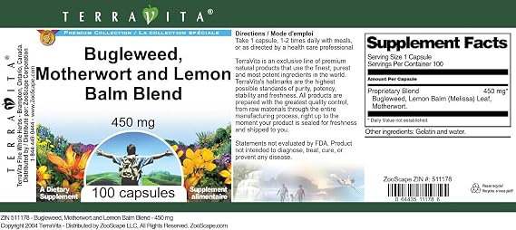 Terravita Thyroid Support - Bugleweed, Motherwort and Lemon Balm - 450 mg (100 Capsules, ZIN: 511178)